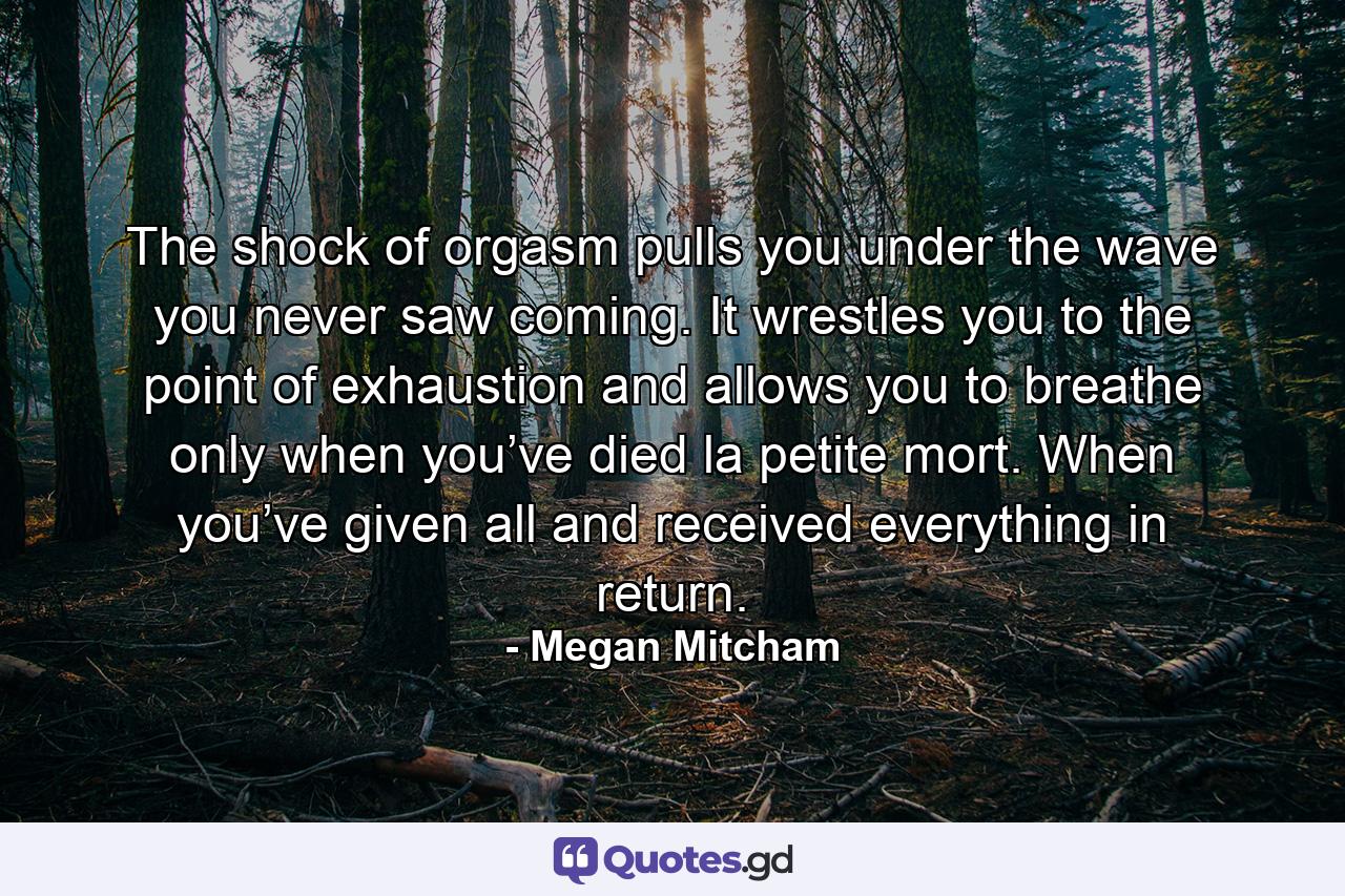 The shock of orgasm pulls you under the wave you never saw coming. It wrestles you to the point of exhaustion and allows you to breathe only when you’ve died la petite mort. When you’ve given all and received everything in return. - Quote by Megan Mitcham