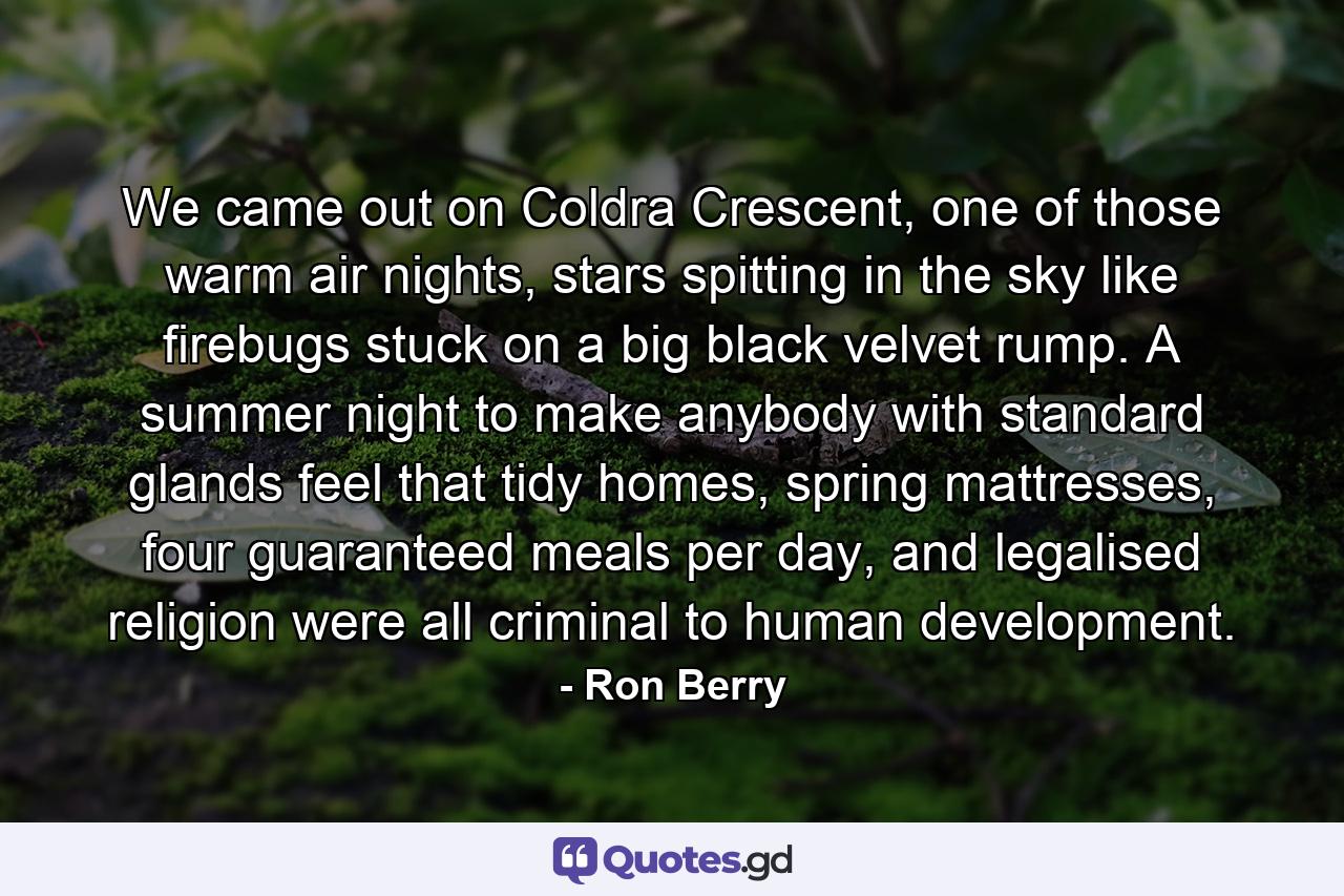 We came out on Coldra Crescent, one of those warm air nights, stars spitting in the sky like firebugs stuck on a big black velvet rump. A summer night to make anybody with standard glands feel that tidy homes, spring mattresses, four guaranteed meals per day, and legalised religion were all criminal to human development. - Quote by Ron Berry