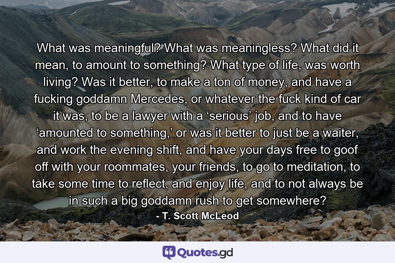 What was meaningful? What was meaningless? What did it mean, to amount to something? What type of life, was worth living? Was it better, to make a ton of money, and have a fucking goddamn Mercedes, or whatever the fuck kind of car it was, to be a lawyer with a ‘serious’ job, and to have ‘amounted to something,’ or was it better to just be a waiter, and work the evening shift, and have your days free to goof off with your roommates, your friends, to go to meditation, to take some time to reflect, and enjoy life, and to not always be in such a big goddamn rush to get somewhere? - Quote by T. Scott McLeod