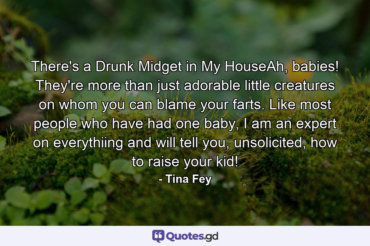 There's a Drunk Midget in My HouseAh, babies! They're more than just adorable little creatures on whom you can blame your farts. Like most people who have had one baby, I am an expert on everythiing and will tell you, unsolicited, how to raise your kid! - Quote by Tina Fey