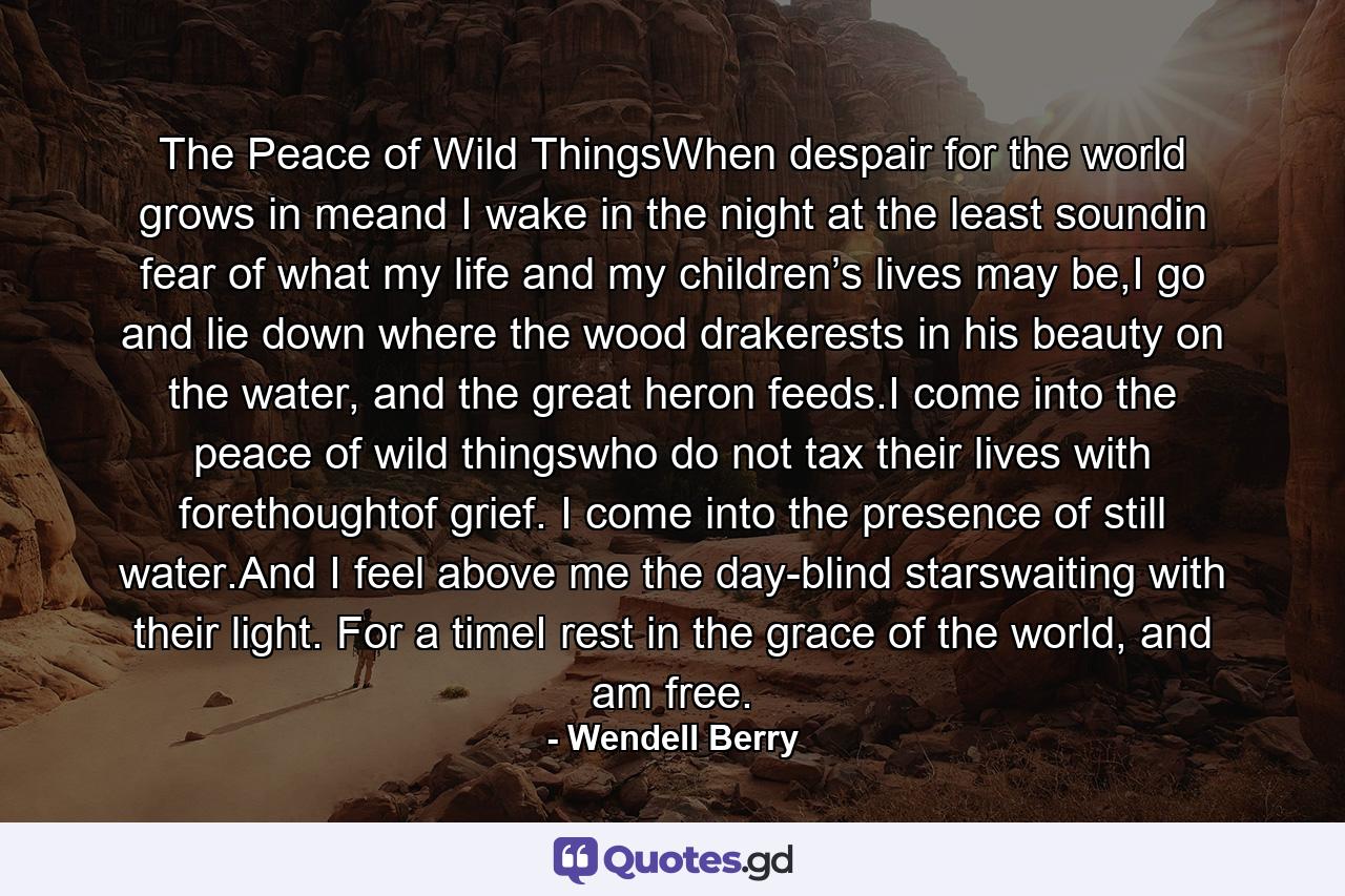 The Peace of Wild ThingsWhen despair for the world grows in meand I wake in the night at the least soundin fear of what my life and my children’s lives may be,I go and lie down where the wood drakerests in his beauty on the water, and the great heron feeds.I come into the peace of wild thingswho do not tax their lives with forethoughtof grief. I come into the presence of still water.And I feel above me the day-blind starswaiting with their light. For a timeI rest in the grace of the world, and am free. - Quote by Wendell Berry