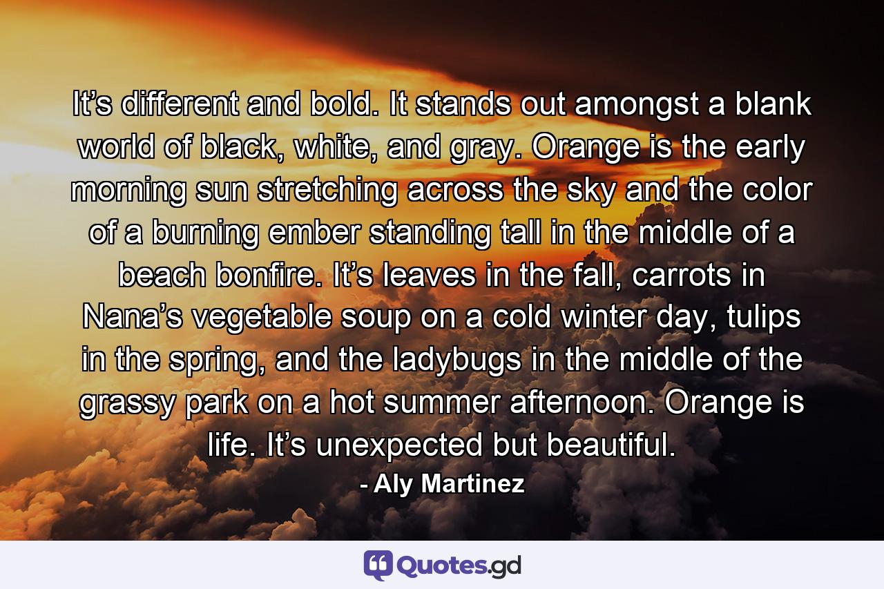 It’s different and bold. It stands out amongst a blank world of black, white, and gray. Orange is the early morning sun stretching across the sky and the color of a burning ember standing tall in the middle of a beach bonfire. It’s leaves in the fall, carrots in Nana’s vegetable soup on a cold winter day, tulips in the spring, and the ladybugs in the middle of the grassy park on a hot summer afternoon. Orange is life. It’s unexpected but beautiful. - Quote by Aly Martinez