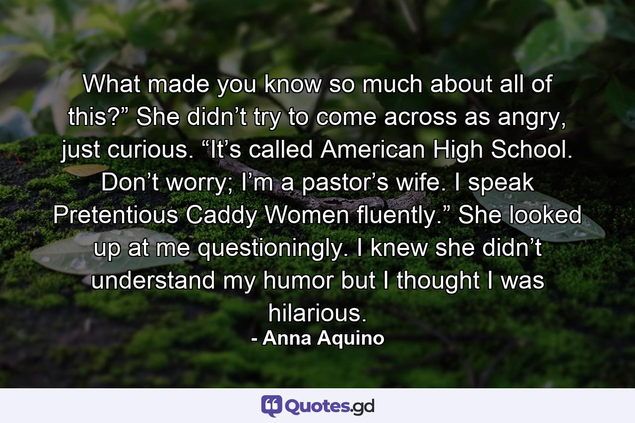 What made you know so much about all of this?” She didn’t try to come across as angry, just curious. “It’s called American High School. Don’t worry; I’m a pastor’s wife. I speak Pretentious Caddy Women fluently.” She looked up at me questioningly. I knew she didn’t understand my humor but I thought I was hilarious. - Quote by Anna Aquino