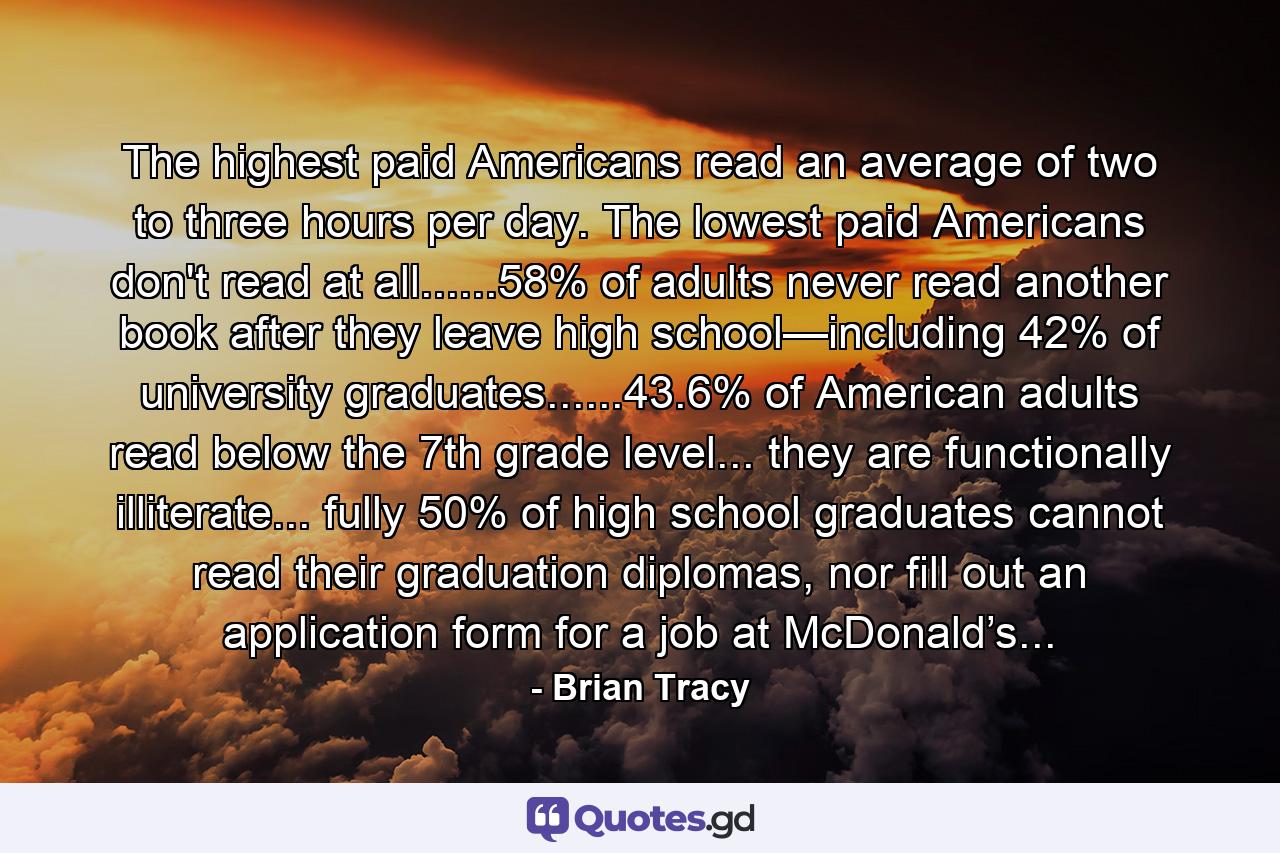 The highest paid Americans read an average of two to three hours per day. The lowest paid Americans don't read at all......58% of adults never read another book after they leave high school—including 42% of university graduates......43.6% of American adults read below the 7th grade level... they are functionally illiterate... fully 50% of high school graduates cannot read their graduation diplomas, nor fill out an application form for a job at McDonald’s... - Quote by Brian Tracy