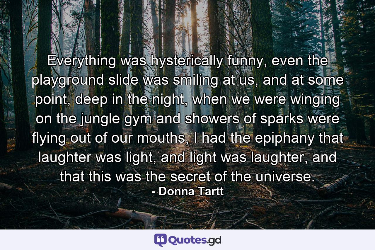 Everything was hysterically funny, even the playground slide was smiling at us, and at some point, deep in the night, when we were winging on the jungle gym and showers of sparks were flying out of our mouths, I had the epiphany that laughter was light, and light was laughter, and that this was the secret of the universe. - Quote by Donna Tartt