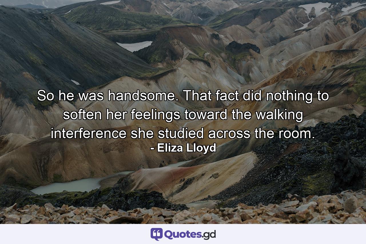 So he was handsome. That fact did nothing to soften her feelings toward the walking interference she studied across the room. - Quote by Eliza Lloyd