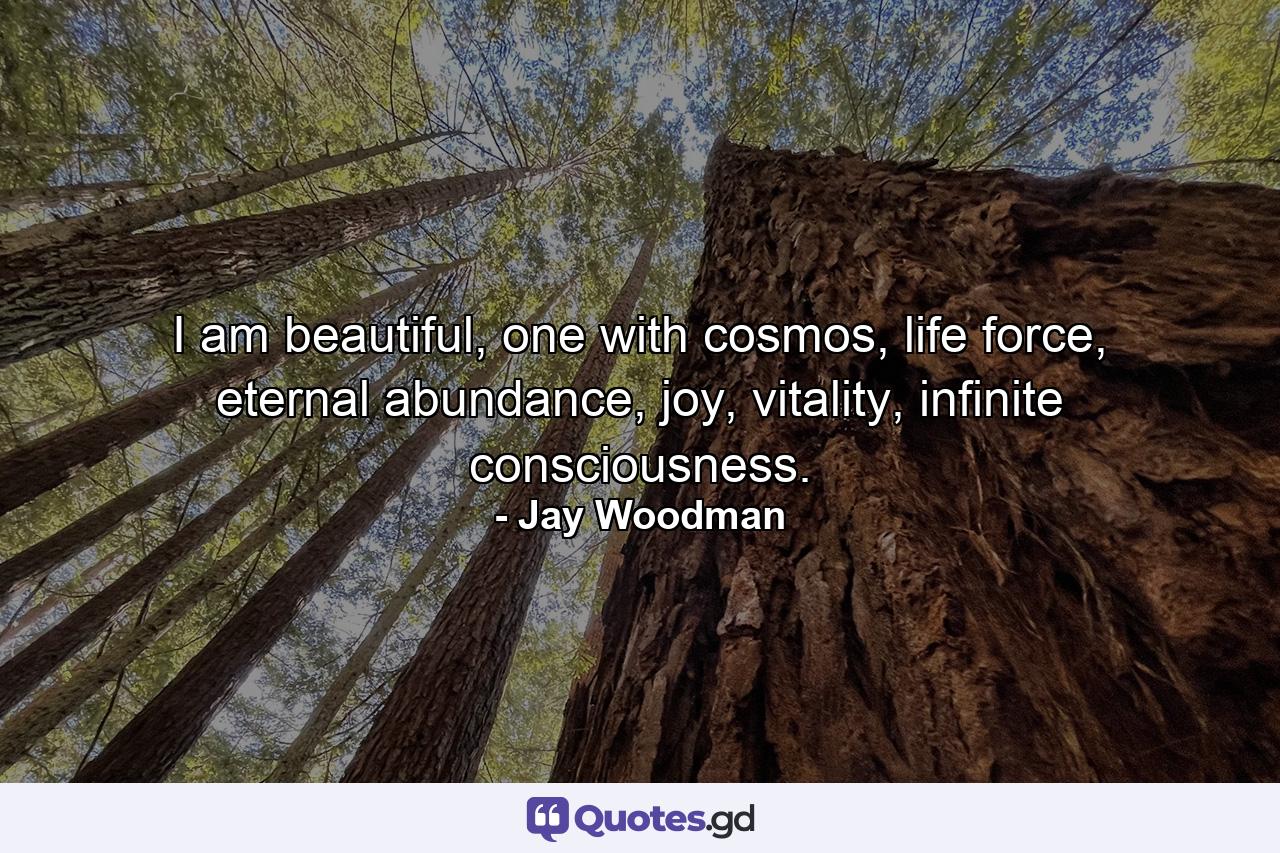 I am beautiful, one with cosmos, life force, eternal abundance, joy, vitality, infinite consciousness. - Quote by Jay Woodman