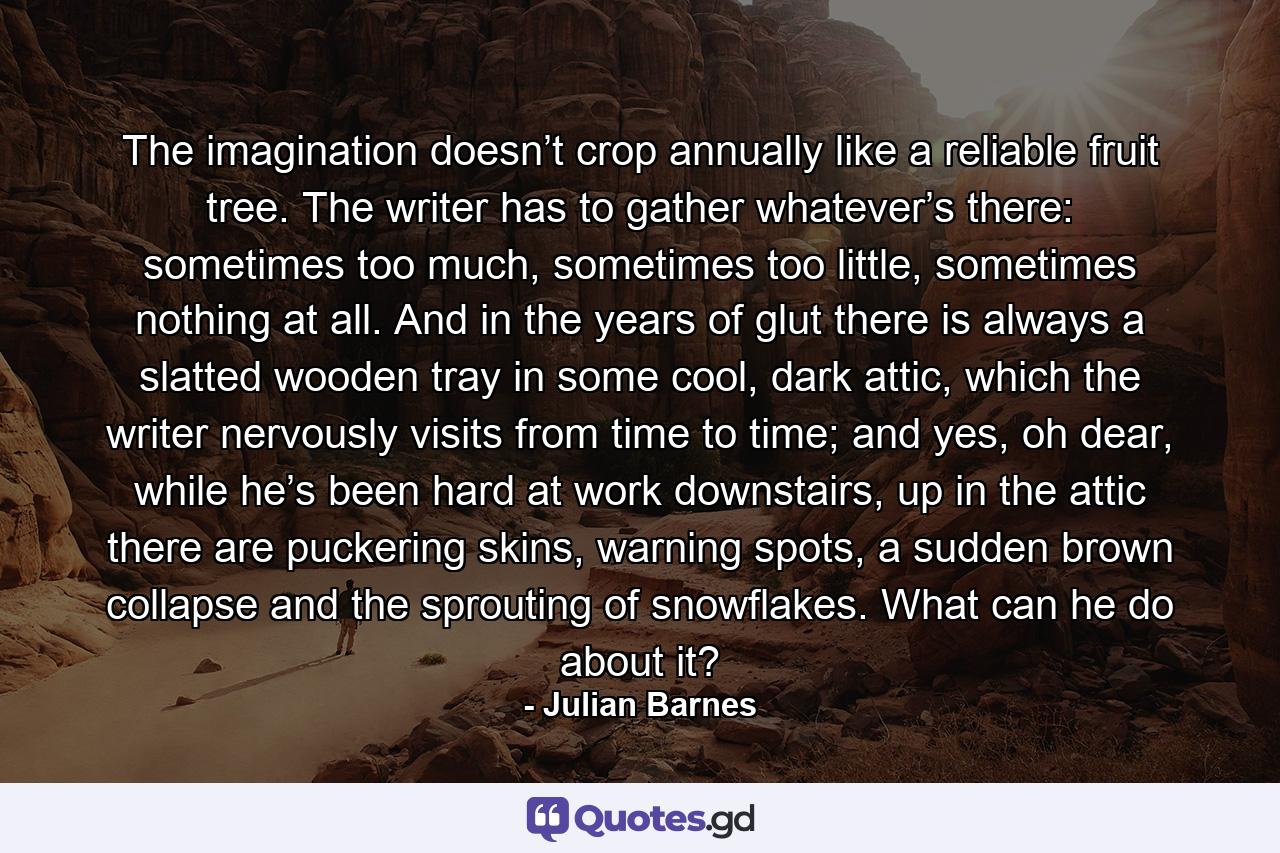 The imagination doesn’t crop annually like a reliable fruit tree. The writer has to gather whatever’s there: sometimes too much, sometimes too little, sometimes nothing at all. And in the years of glut there is always a slatted wooden tray in some cool, dark attic, which the writer nervously visits from time to time; and yes, oh dear, while he’s been hard at work downstairs, up in the attic there are puckering skins, warning spots, a sudden brown collapse and the sprouting of snowflakes. What can he do about it? - Quote by Julian Barnes