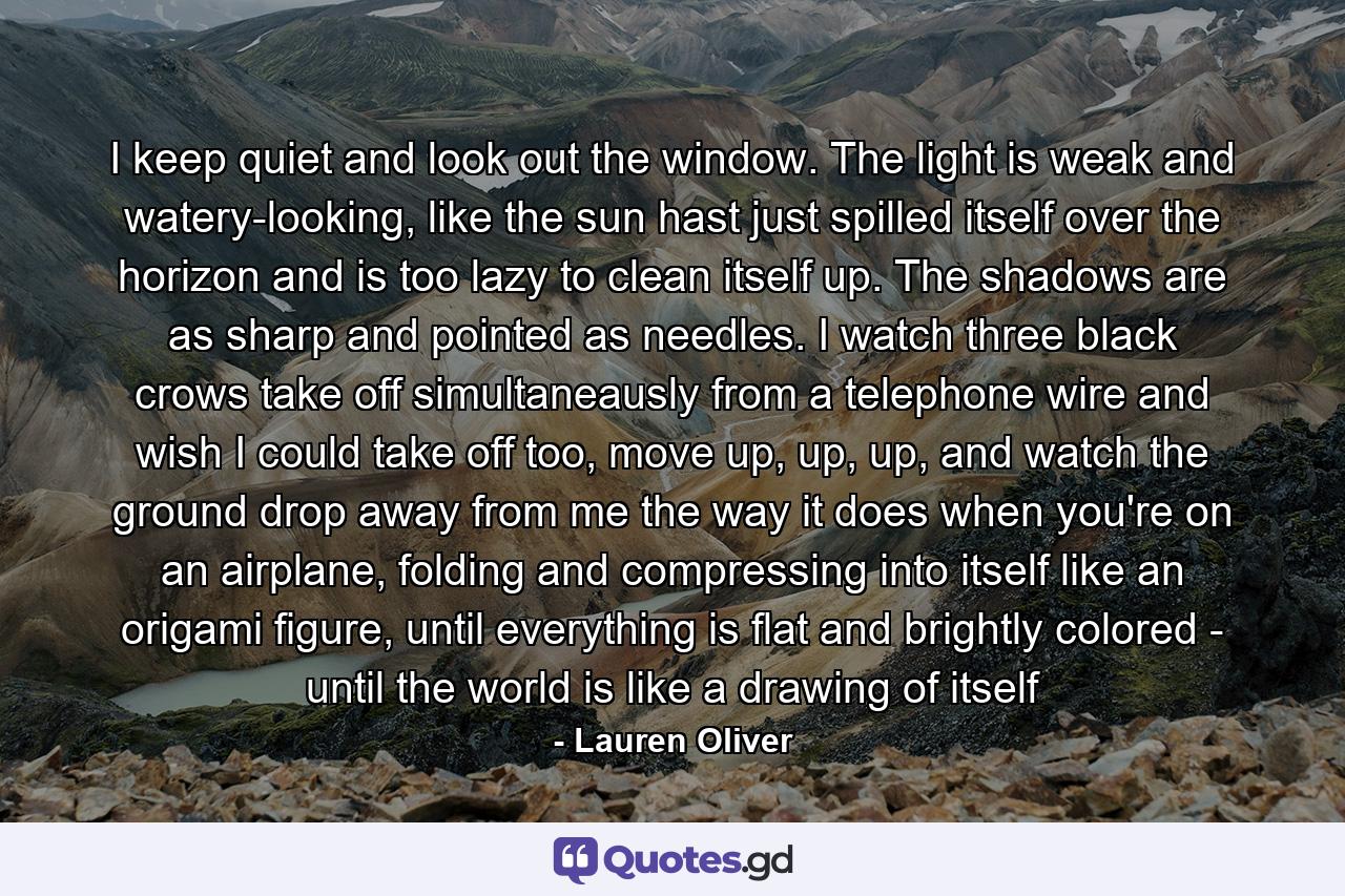 I keep quiet and look out the window. The light is weak and watery-looking, like the sun hast just spilled itself over the horizon and is too lazy to clean itself up. The shadows are as sharp and pointed as needles. I watch three black crows take off simultaneausly from a telephone wire and wish I could take off too, move up, up, up, and watch the ground drop away from me the way it does when you're on an airplane, folding and compressing into itself like an origami figure, until everything is flat and brightly colored - until the world is like a drawing of itself - Quote by Lauren Oliver