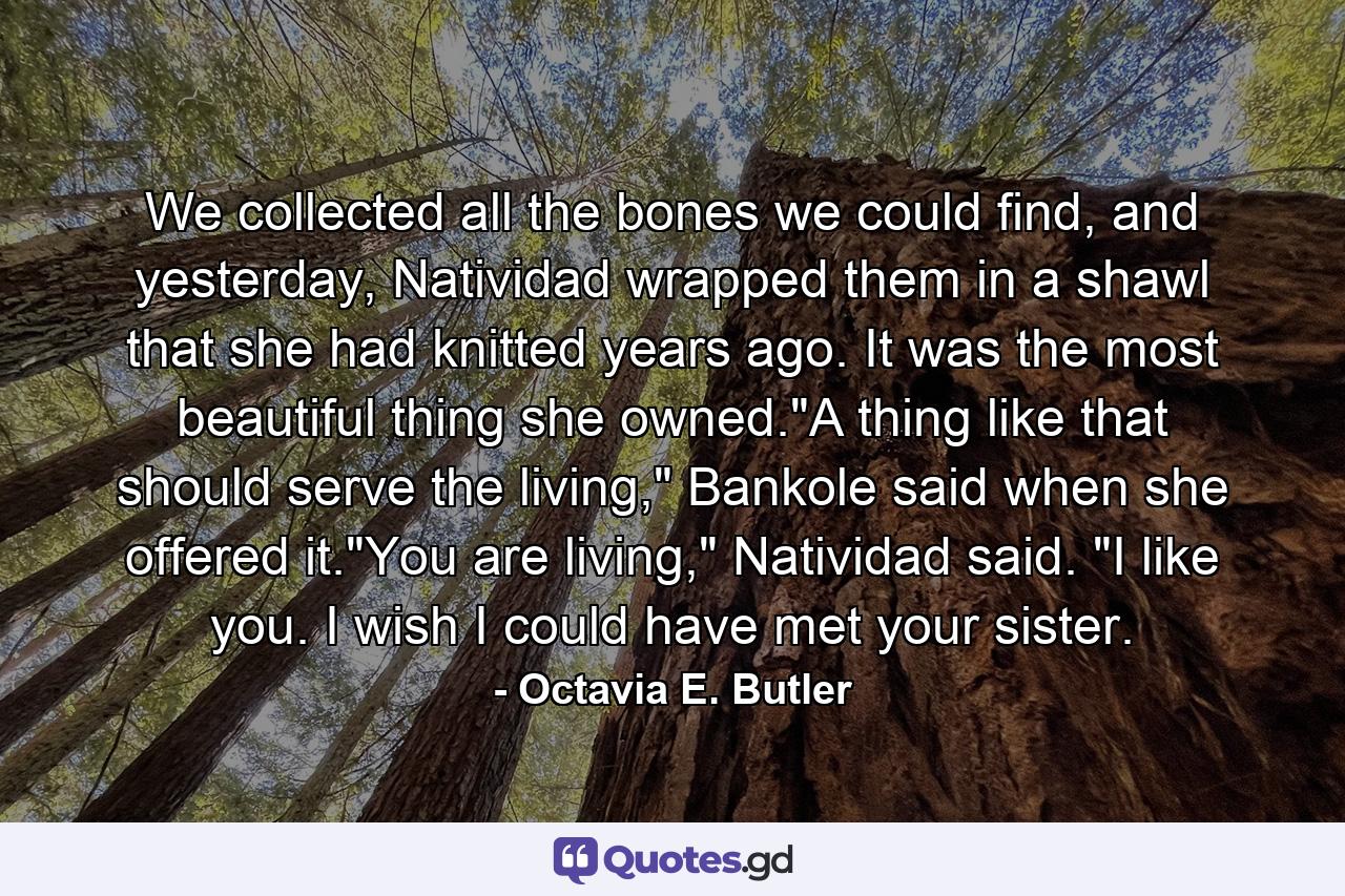 We collected all the bones we could find, and yesterday, Natividad wrapped them in a shawl that she had knitted years ago. It was the most beautiful thing she owned.