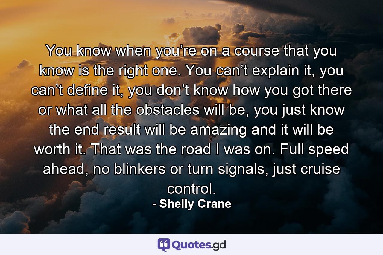 You know when you’re on a course that you know is the right one. You can’t explain it, you can’t define it, you don’t know how you got there or what all the obstacles will be, you just know the end result will be amazing and it will be worth it. That was the road I was on. Full speed ahead, no blinkers or turn signals, just cruise control. - Quote by Shelly Crane