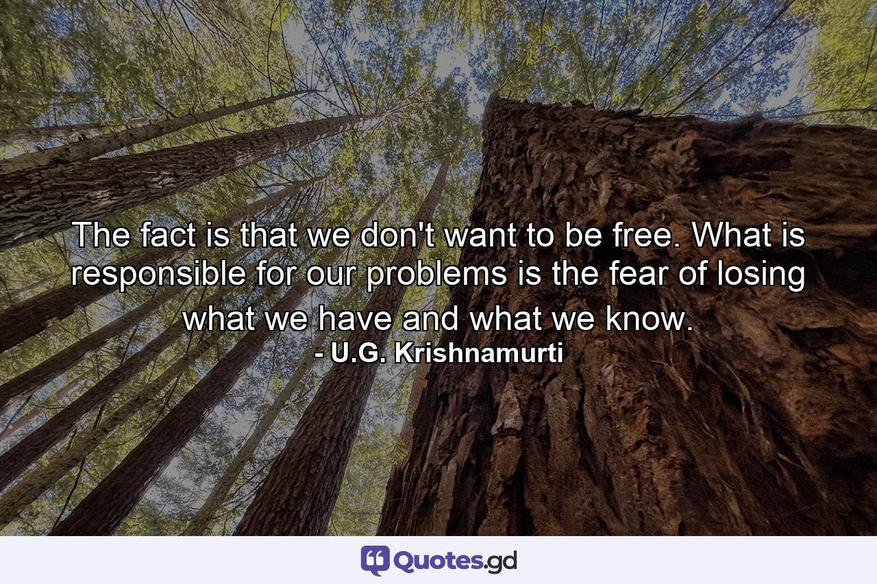 The fact is that we don't want to be free. What is responsible for our problems is the fear of losing what we have and what we know. - Quote by U.G. Krishnamurti