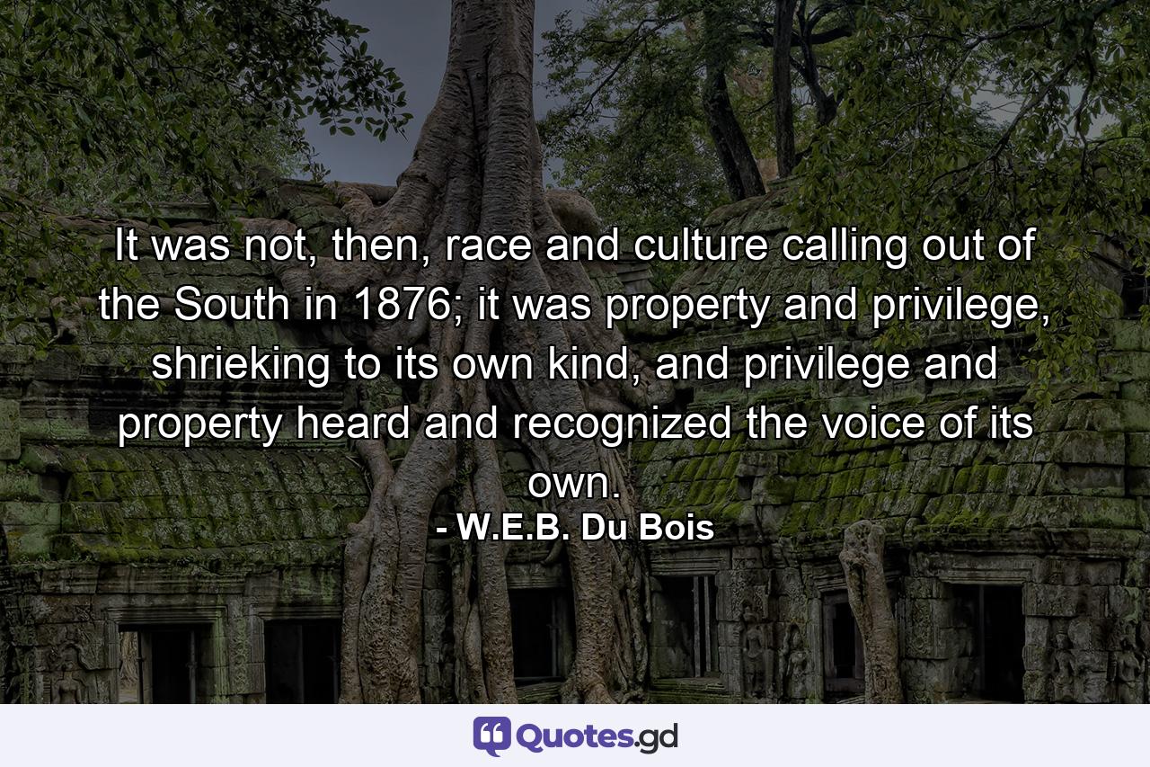 It was not, then, race and culture calling out of the South in 1876; it was property and privilege, shrieking to its own kind, and privilege and property heard and recognized the voice of its own. - Quote by W.E.B. Du Bois