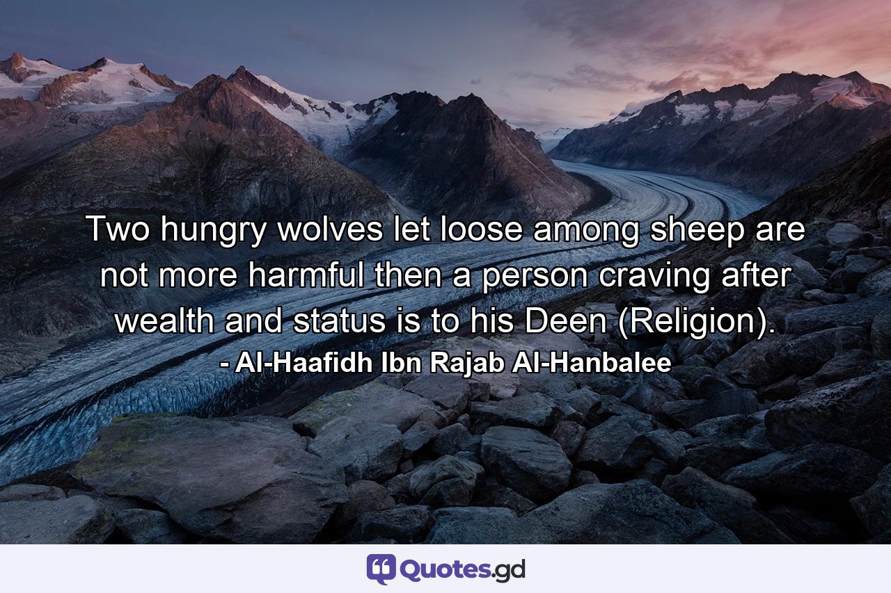 Two hungry wolves let loose among sheep are not more harmful then a person craving after wealth and status is to his Deen (Religion). - Quote by Al-Haafidh Ibn Rajab Al-Hanbalee