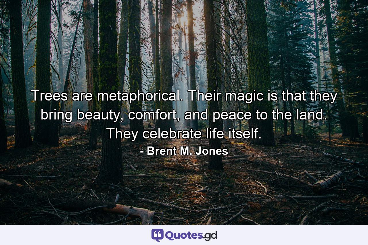 Trees are metaphorical. Their magic is that they bring beauty, comfort, and peace to the land. They celebrate life itself. - Quote by Brent M. Jones