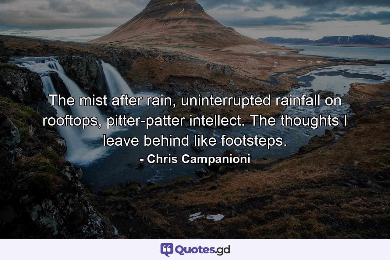 The mist after rain, uninterrupted rainfall on rooftops, pitter-patter intellect. The thoughts I leave behind like footsteps. - Quote by Chris Campanioni