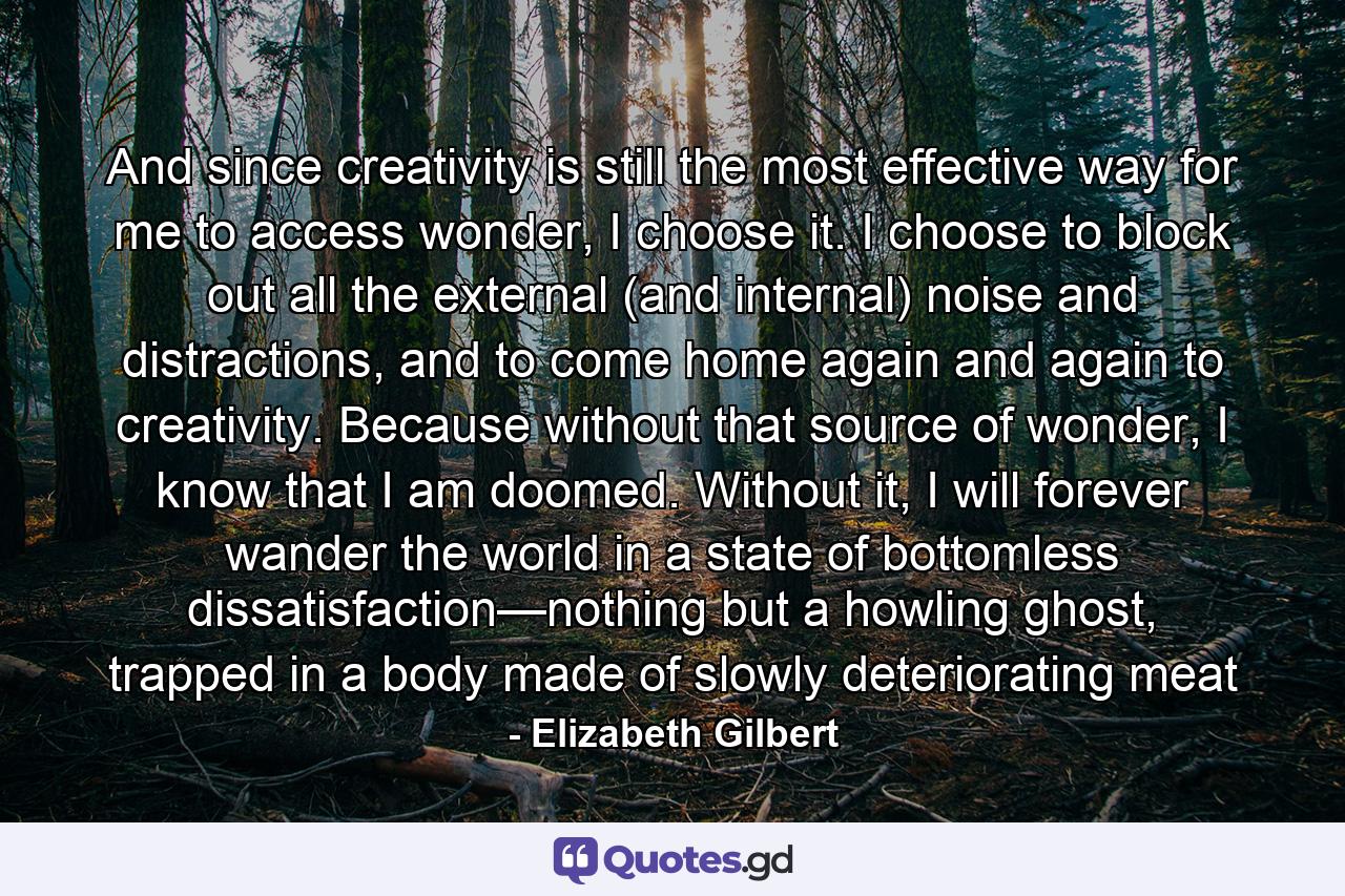 And since creativity is still the most effective way for me to access wonder, I choose it. I choose to block out all the external (and internal) noise and distractions, and to come home again and again to creativity. Because without that source of wonder, I know that I am doomed. Without it, I will forever wander the world in a state of bottomless dissatisfaction—nothing but a howling ghost, trapped in a body made of slowly deteriorating meat - Quote by Elizabeth Gilbert