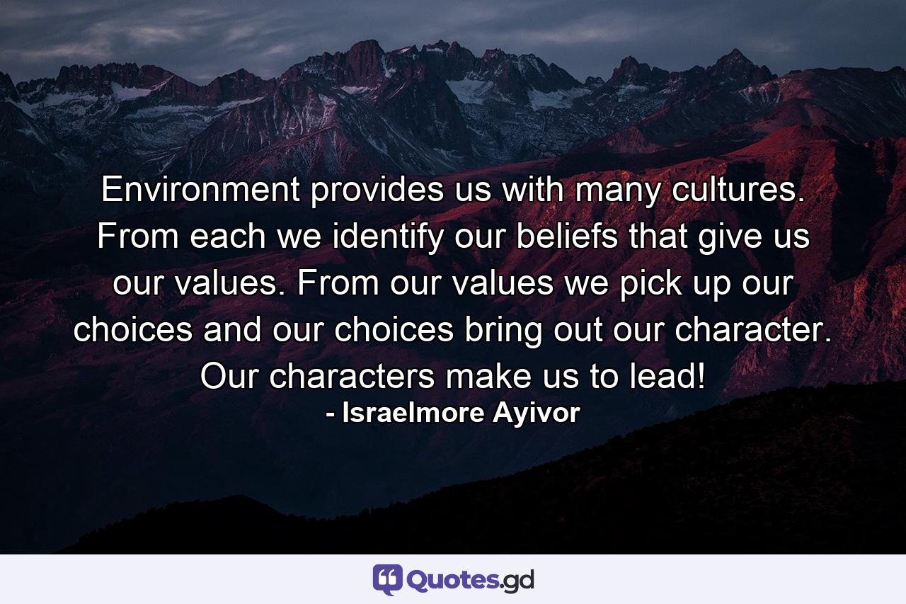 Environment provides us with many cultures. From each we identify our beliefs that give us our values. From our values we pick up our choices and our choices bring out our character. Our characters make us to lead! - Quote by Israelmore Ayivor