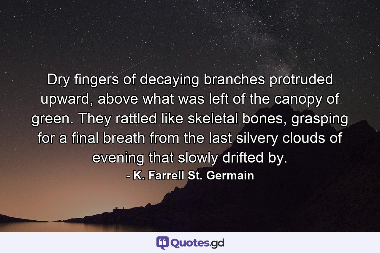 Dry fingers of decaying branches protruded upward, above what was left of the canopy of green. They rattled like skeletal bones, grasping for a final breath from the last silvery clouds of evening that slowly drifted by. - Quote by K. Farrell St. Germain