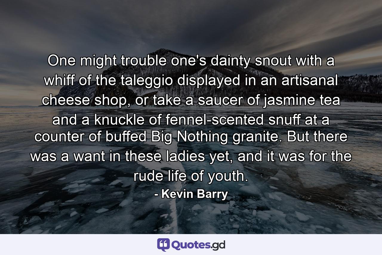 One might trouble one's dainty snout with a whiff of the taleggio displayed in an artisanal cheese shop, or take a saucer of jasmine tea and a knuckle of fennel-scented snuff at a counter of buffed Big Nothing granite. But there was a want in these ladies yet, and it was for the rude life of youth. - Quote by Kevin Barry