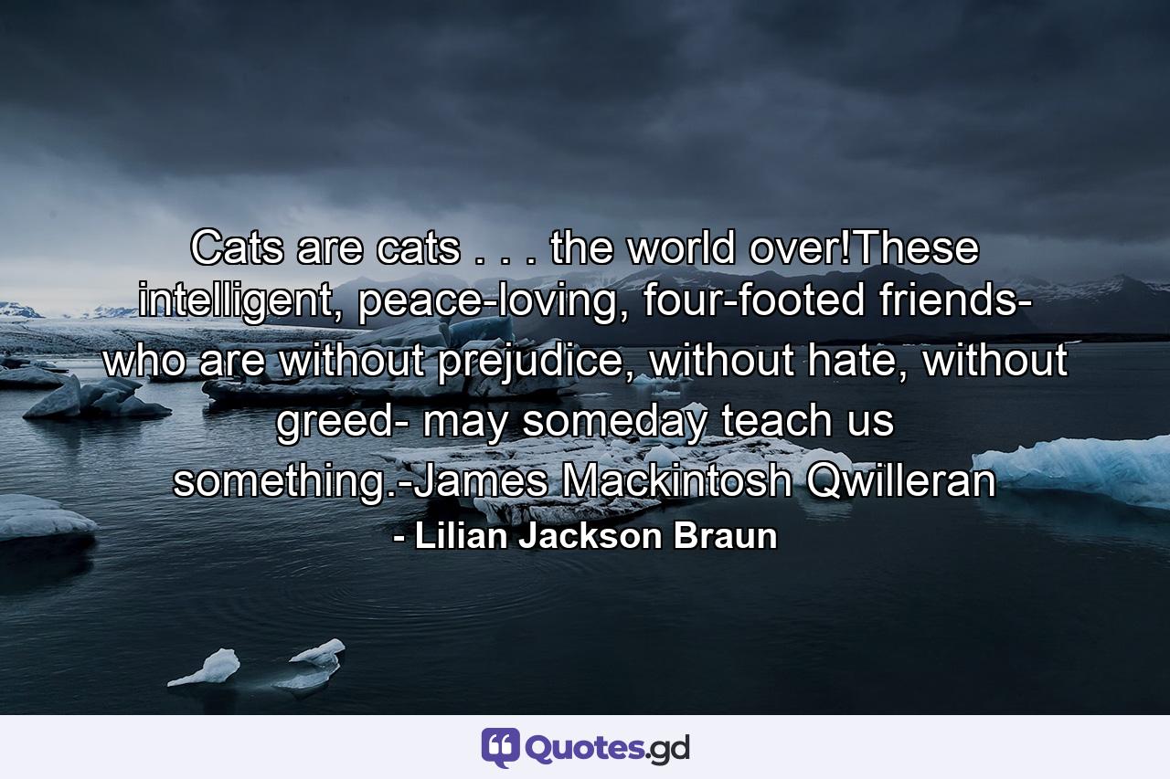 Cats are cats . . . the world over!These intelligent, peace-loving, four-footed friends- who are without prejudice, without hate, without greed- may someday teach us something.-James Mackintosh Qwilleran - Quote by Lilian Jackson Braun