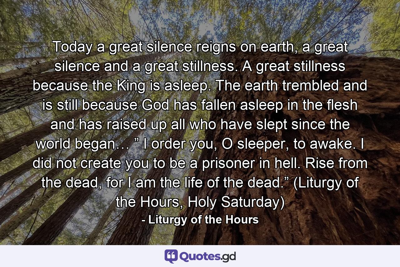 Today a great silence reigns on earth, a great silence and a great stillness. A great stillness because the King is asleep. The earth trembled and is still because God has fallen asleep in the flesh and has raised up all who have slept since the world began… ” I order you, O sleeper, to awake. I did not create you to be a prisoner in hell. Rise from the dead, for I am the life of the dead.” (Liturgy of the Hours, Holy Saturday) - Quote by Liturgy of the Hours