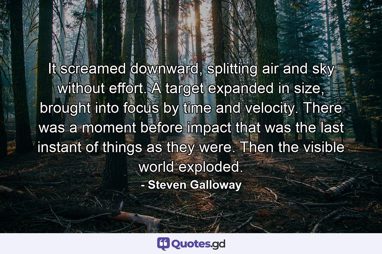 It screamed downward, splitting air and sky without effort. A target expanded in size, brought into focus by time and velocity. There was a moment before impact that was the last instant of things as they were. Then the visible world exploded. - Quote by Steven Galloway