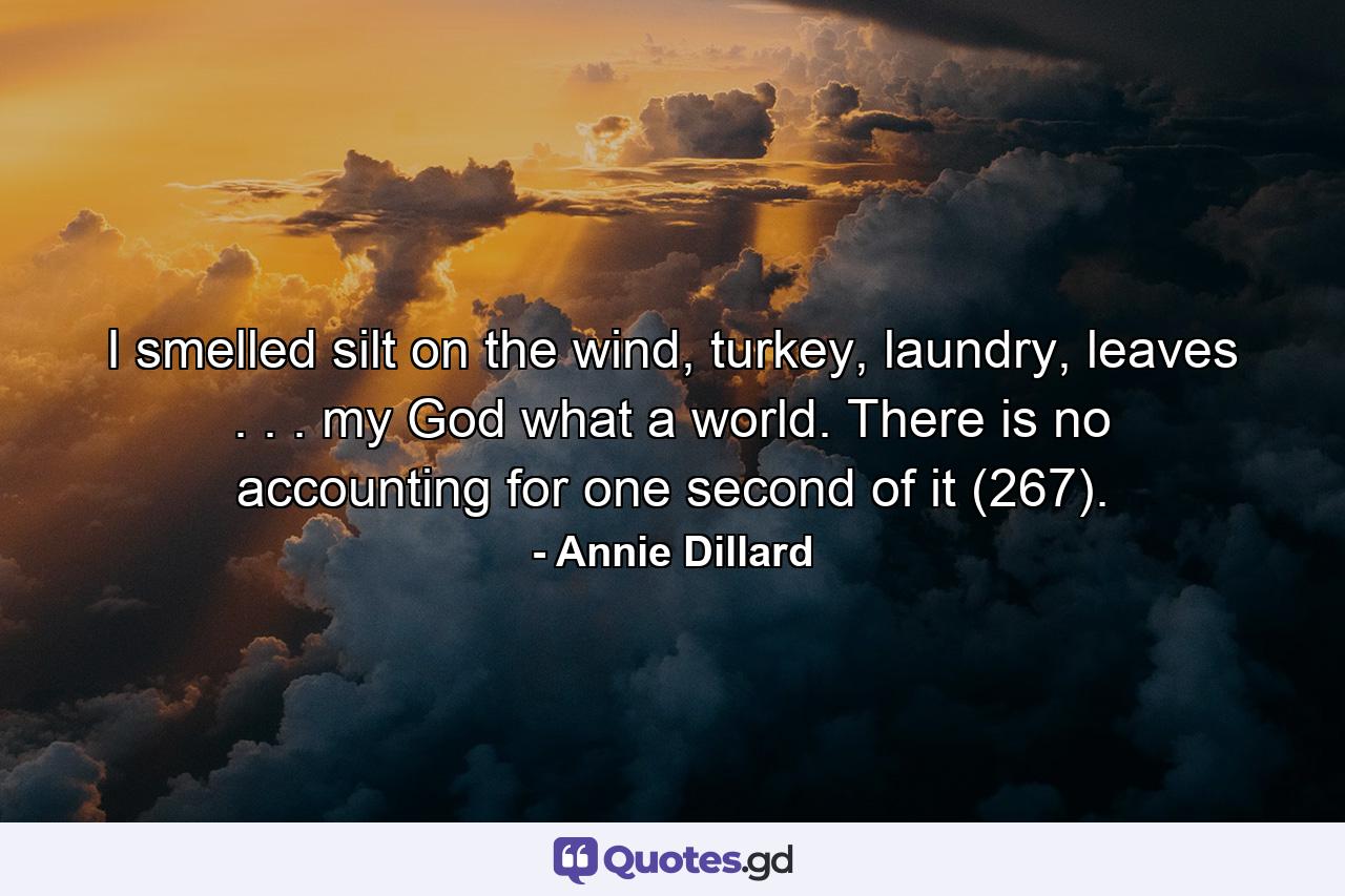 I smelled silt on the wind, turkey, laundry, leaves . . . my God what a world. There is no accounting for one second of it (267). - Quote by Annie Dillard