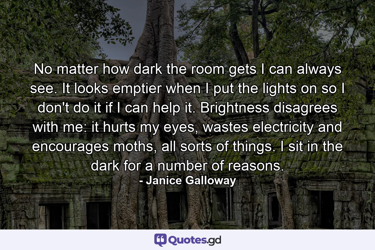 No matter how dark the room gets I can always see. It looks emptier when I put the lights on so I don't do it if I can help it. Brightness disagrees with me: it hurts my eyes, wastes electricity and encourages moths, all sorts of things. I sit in the dark for a number of reasons. - Quote by Janice Galloway