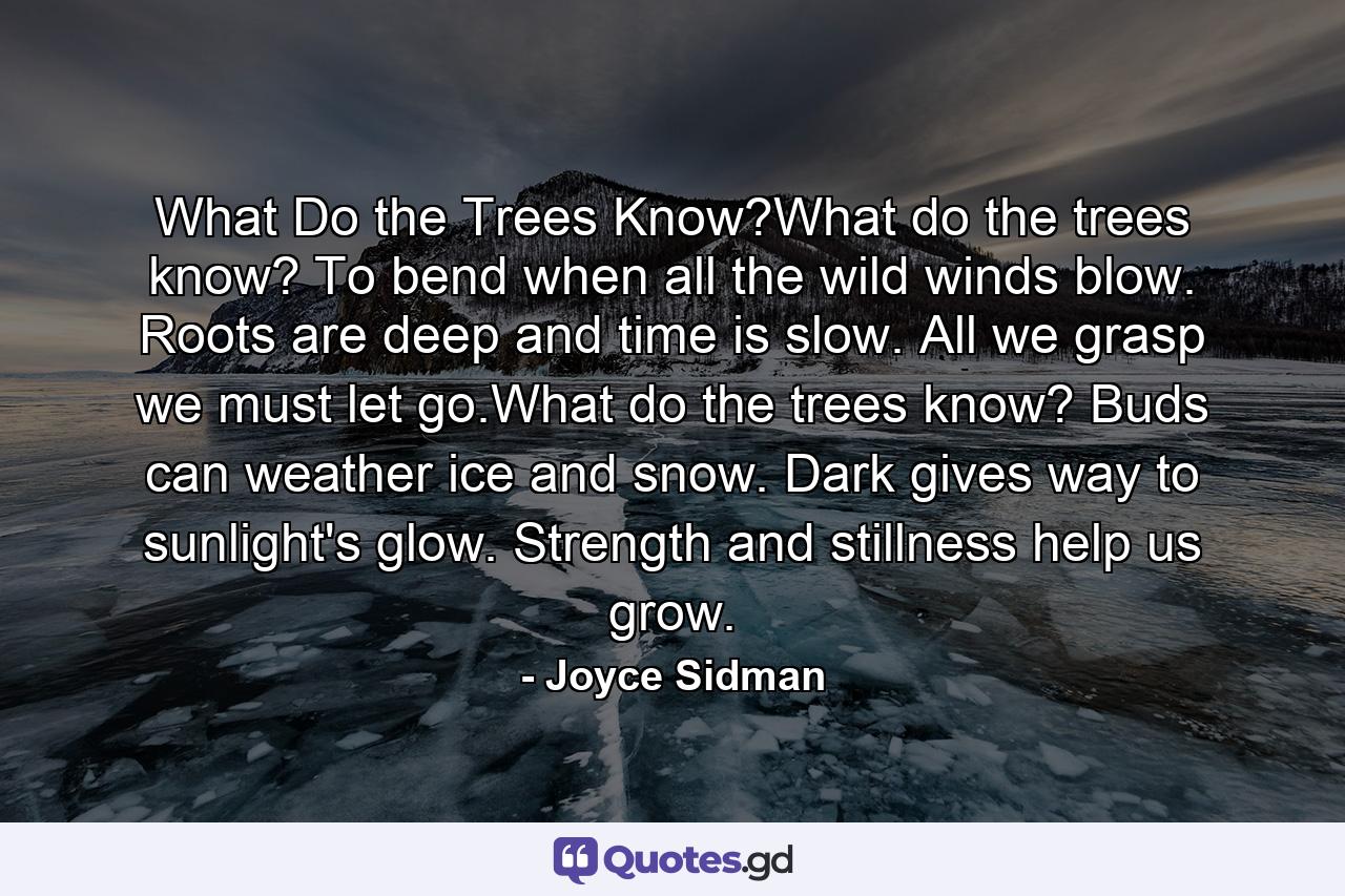 What Do the Trees Know?What do the trees know? To bend when all the wild winds blow. Roots are deep and time is slow. All we grasp we must let go.What do the trees know? Buds can weather ice and snow. Dark gives way to sunlight's glow. Strength and stillness help us grow. - Quote by Joyce Sidman