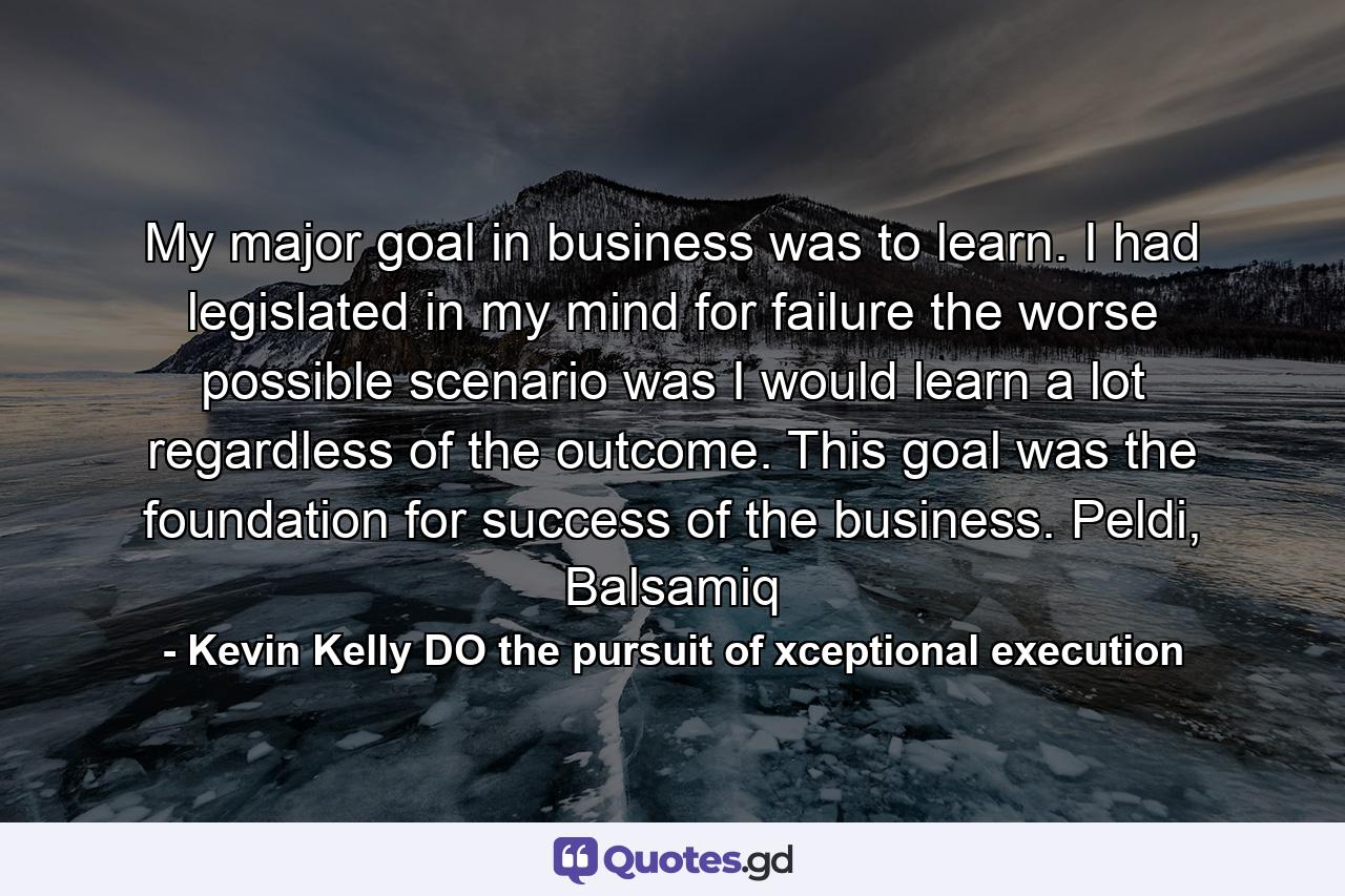 My major goal in business was to learn. I had legislated in my mind for failure the worse possible scenario was I would learn a lot regardless of the outcome. This goal was the foundation for success of the business. Peldi, Balsamiq - Quote by Kevin Kelly DO the pursuit of xceptional execution