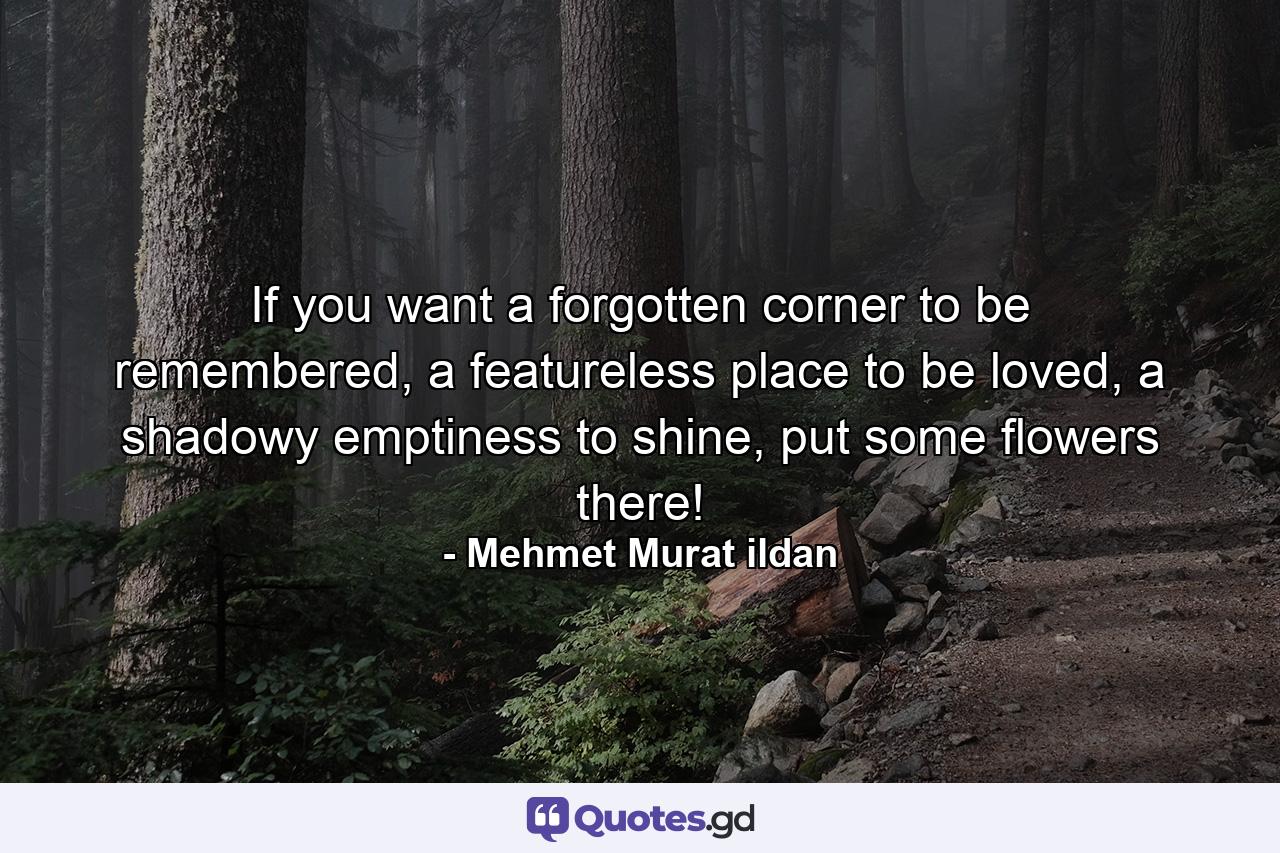 If you want a forgotten corner to be remembered, a featureless place to be loved, a shadowy emptiness to shine, put some flowers there! - Quote by Mehmet Murat ildan