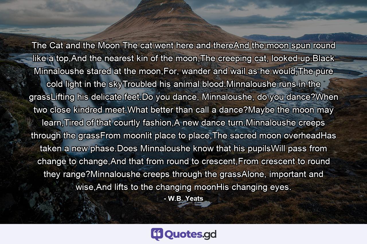 The Cat and the Moon The cat went here and thereAnd the moon spun round like a top,And the nearest kin of the moon,The creeping cat, looked up.Black Minnaloushe stared at the moon,For, wander and wail as he would,The pure cold light in the skyTroubled his animal blood.Minnaloushe runs in the grassLifting his delicate feet.Do you dance, Minnaloushe, do you dance?When two close kindred meet,What better than call a dance?Maybe the moon may learn,Tired of that courtly fashion,A new dance turn.Minnaloushe creeps through the grassFrom moonlit place to place,The sacred moon overheadHas taken a new phase.Does Minnaloushe know that his pupilsWill pass from change to change,And that from round to crescent,From crescent to round they range?Minnaloushe creeps through the grassAlone, important and wise,And lifts to the changing moonHis changing eyes. - Quote by W.B. Yeats