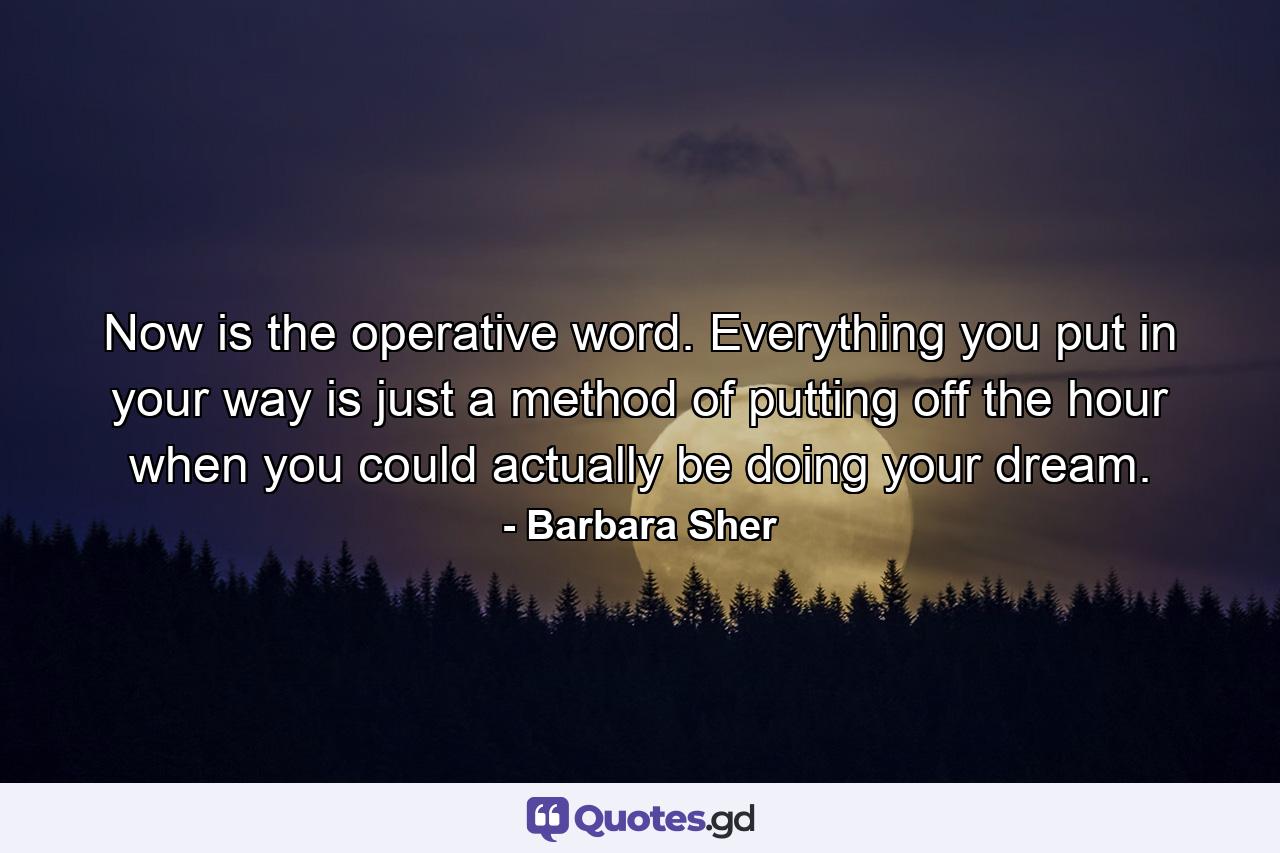 Now is the operative word. Everything you put in your way is just a method of putting off the hour when you could actually be doing your dream. - Quote by Barbara Sher