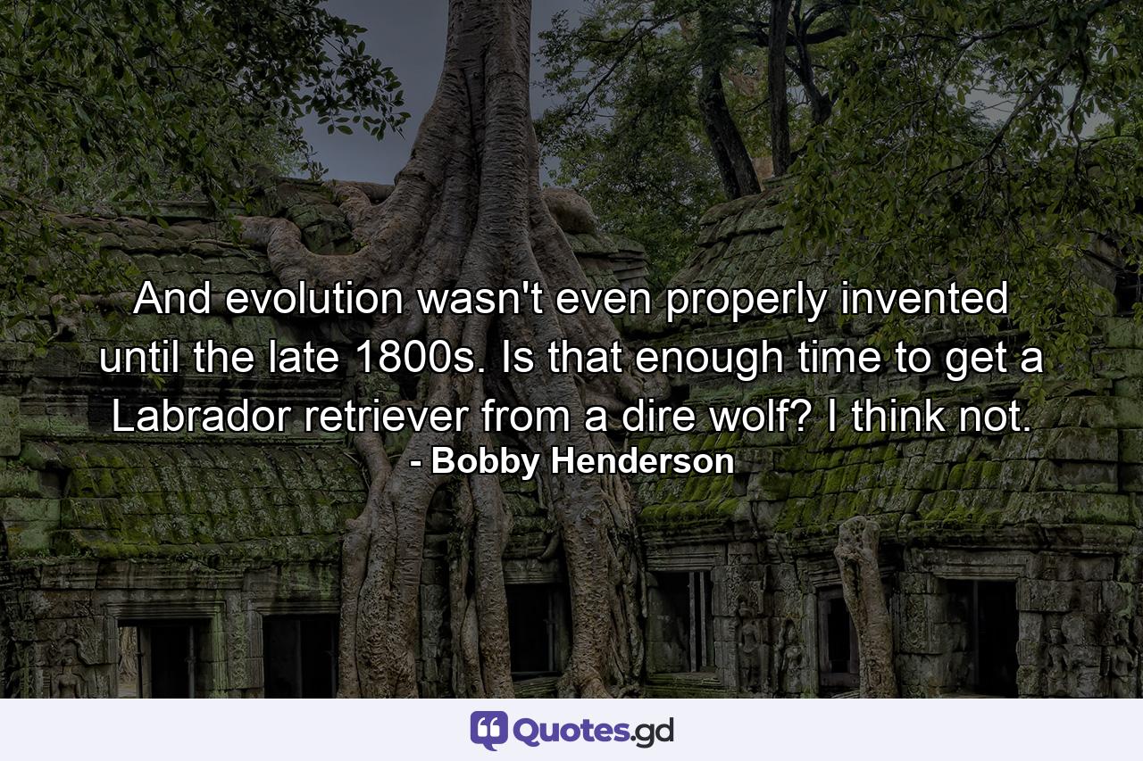 And evolution wasn't even properly invented until the late 1800s. Is that enough time to get a Labrador retriever from a dire wolf? I think not. - Quote by Bobby Henderson