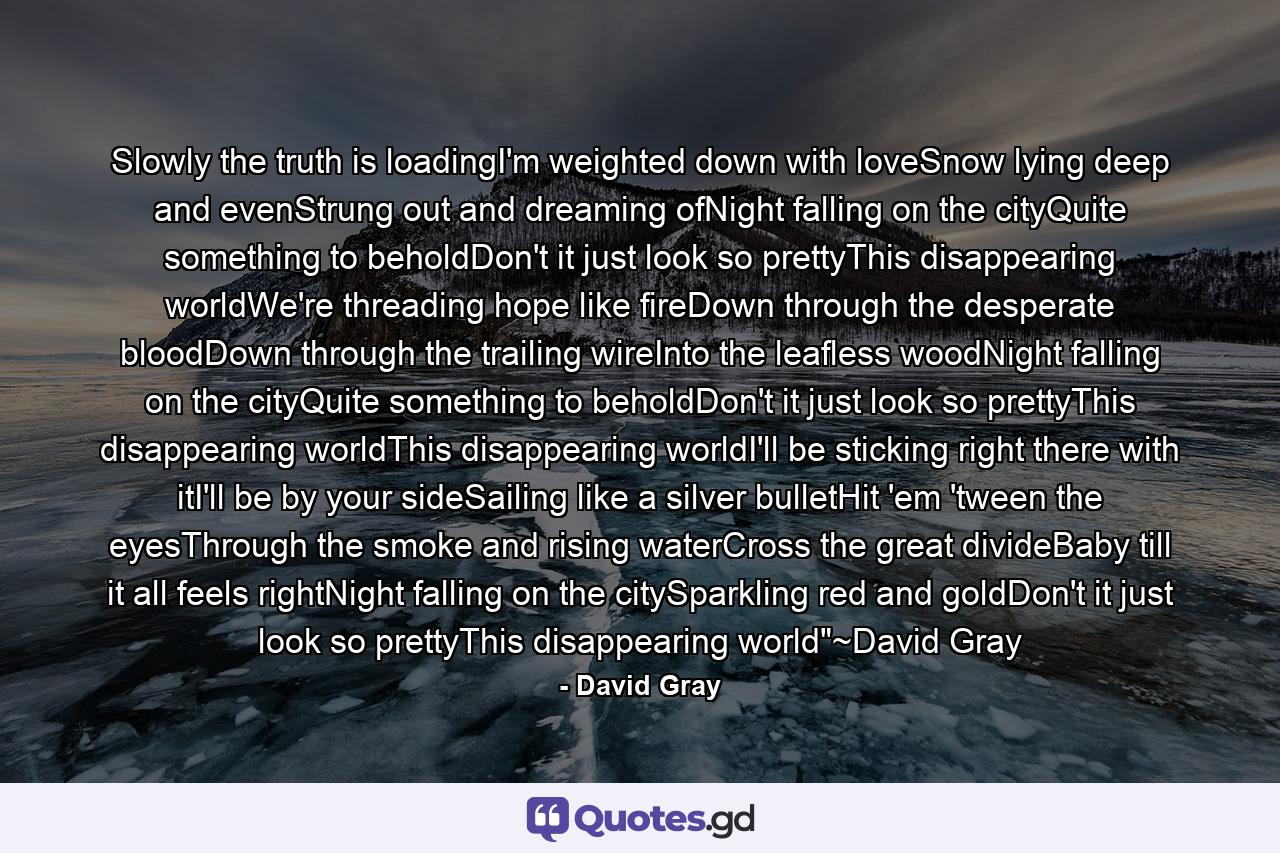 Slowly the truth is loadingI'm weighted down with loveSnow lying deep and evenStrung out and dreaming ofNight falling on the cityQuite something to beholdDon't it just look so prettyThis disappearing worldWe're threading hope like fireDown through the desperate bloodDown through the trailing wireInto the leafless woodNight falling on the cityQuite something to beholdDon't it just look so prettyThis disappearing worldThis disappearing worldI'll be sticking right there with itI'll be by your sideSailing like a silver bulletHit 'em 'tween the eyesThrough the smoke and rising waterCross the great divideBaby till it all feels rightNight falling on the citySparkling red and goldDon't it just look so prettyThis disappearing world