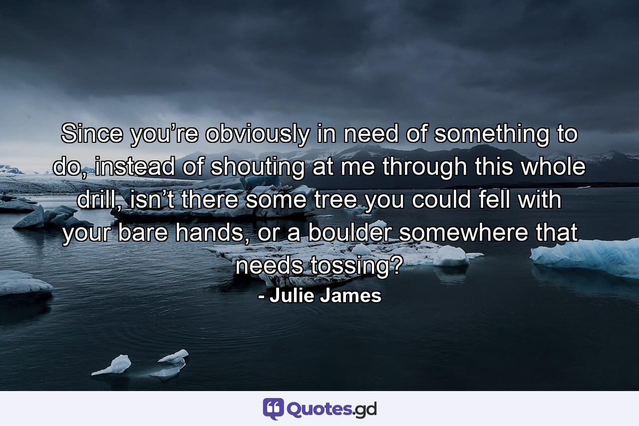 Since you’re obviously in need of something to do, instead of shouting at me through this whole drill, isn’t there some tree you could fell with your bare hands, or a boulder somewhere that needs tossing? - Quote by Julie James