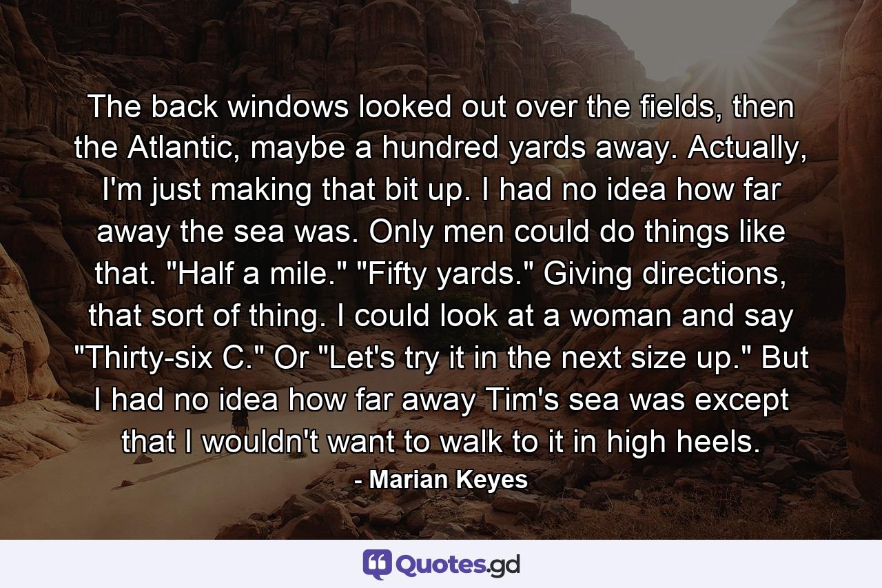 The back windows looked out over the fields, then the Atlantic, maybe a hundred yards away. Actually, I'm just making that bit up. I had no idea how far away the sea was. Only men could do things like that. 