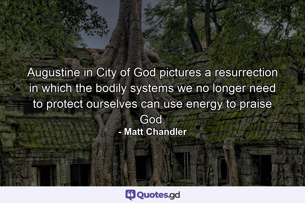 Augustine in City of God pictures a resurrection in which the bodily systems we no longer need to protect ourselves can use energy to praise God. - Quote by Matt Chandler