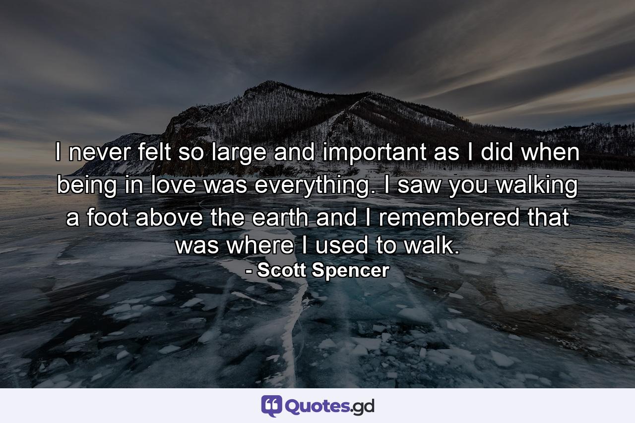 I never felt so large and important as I did when being in love was everything. I saw you walking a foot above the earth and I remembered that was where I used to walk. - Quote by Scott Spencer