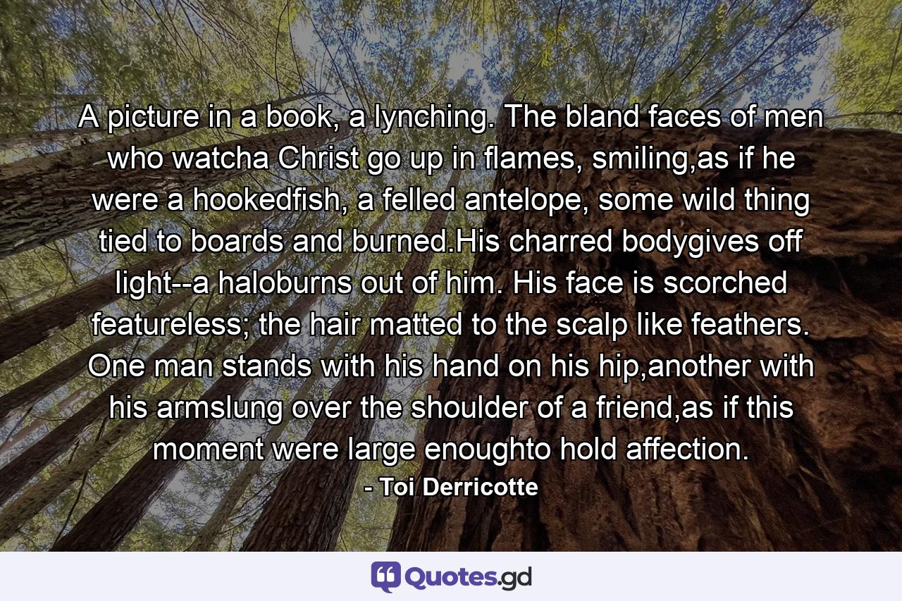 A picture in a book, a lynching. The bland faces of men who watcha Christ go up in flames, smiling,as if he were a hookedfish, a felled antelope, some wild thing tied to boards and burned.His charred bodygives off light--a haloburns out of him. His face is scorched featureless; the hair matted to the scalp like feathers. One man stands with his hand on his hip,another with his armslung over the shoulder of a friend,as if this moment were large enoughto hold affection. - Quote by Toi Derricotte