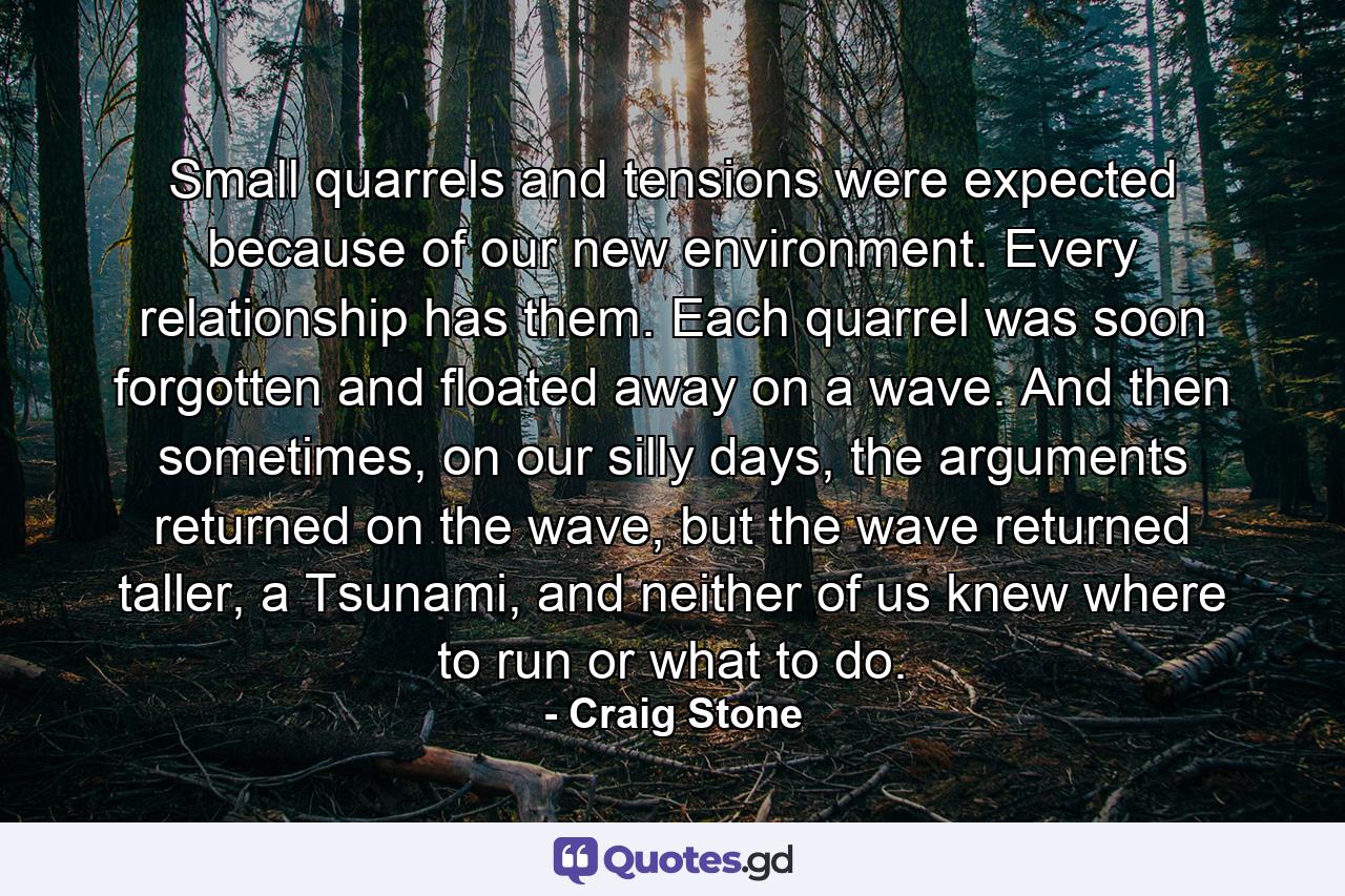 Small quarrels and tensions were expected because of our new environment. Every relationship has them. Each quarrel was soon forgotten and floated away on a wave. And then sometimes, on our silly days, the arguments returned on the wave, but the wave returned taller, a Tsunami, and neither of us knew where to run or what to do. - Quote by Craig Stone