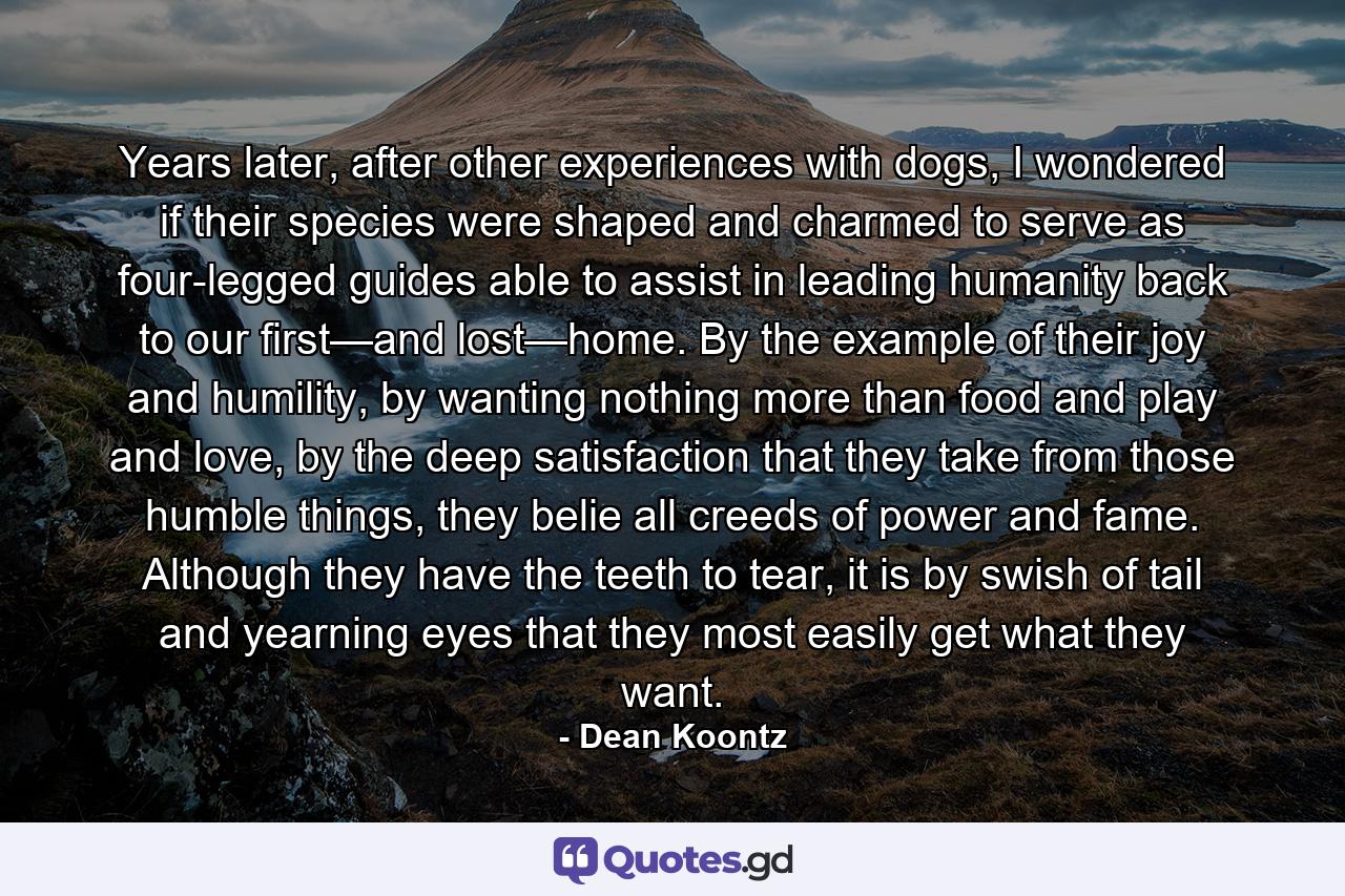 Years later, after other experiences with dogs, I wondered if their species were shaped and charmed to serve as four-legged guides able to assist in leading humanity back to our first—and lost—home. By the example of their joy and humility, by wanting nothing more than food and play and love, by the deep satisfaction that they take from those humble things, they belie all creeds of power and fame. Although they have the teeth to tear, it is by swish of tail and yearning eyes that they most easily get what they want. - Quote by Dean Koontz