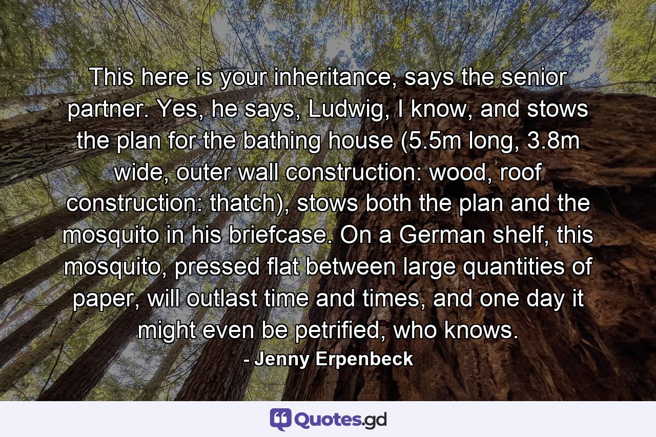 This here is your inheritance, says the senior partner. Yes, he says, Ludwig, I know, and stows the plan for the bathing house (5.5m long, 3.8m wide, outer wall construction: wood, roof construction: thatch), stows both the plan and the mosquito in his briefcase. On a German shelf, this mosquito, pressed flat between large quantities of paper, will outlast time and times, and one day it might even be petrified, who knows. - Quote by Jenny Erpenbeck