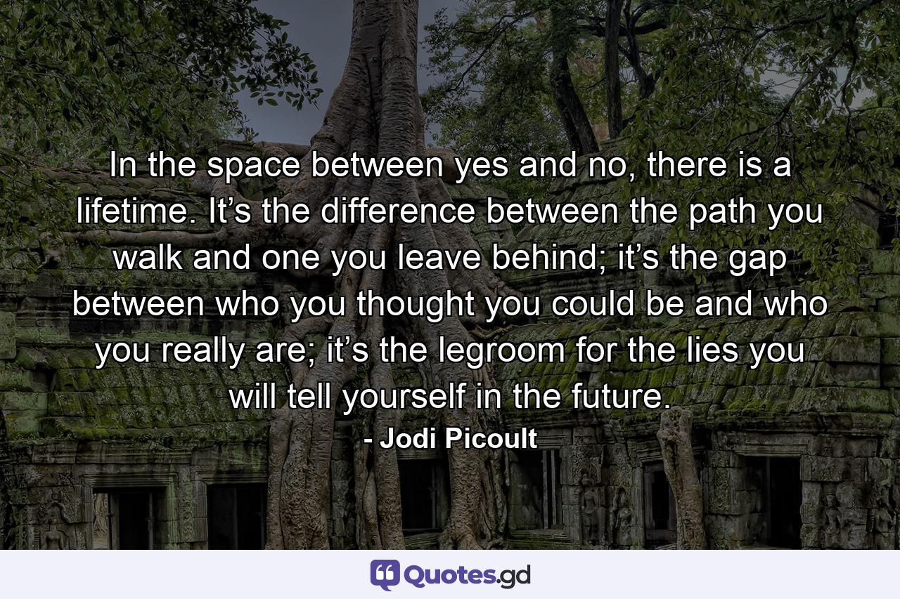 In the space between yes and no, there is a lifetime. It’s the difference between the path you walk and one you leave behind; it’s the gap between who you thought you could be and who you really are; it’s the legroom for the lies you will tell yourself in the future. - Quote by Jodi Picoult