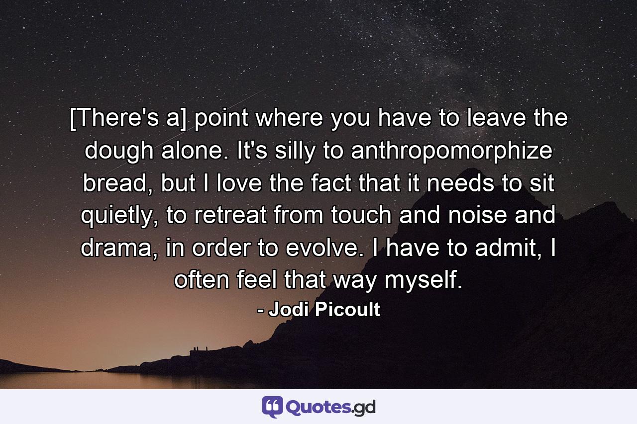 [There's a] point where you have to leave the dough alone. It's silly to anthropomorphize bread, but I love the fact that it needs to sit quietly, to retreat from touch and noise and drama, in order to evolve. I have to admit, I often feel that way myself. - Quote by Jodi Picoult