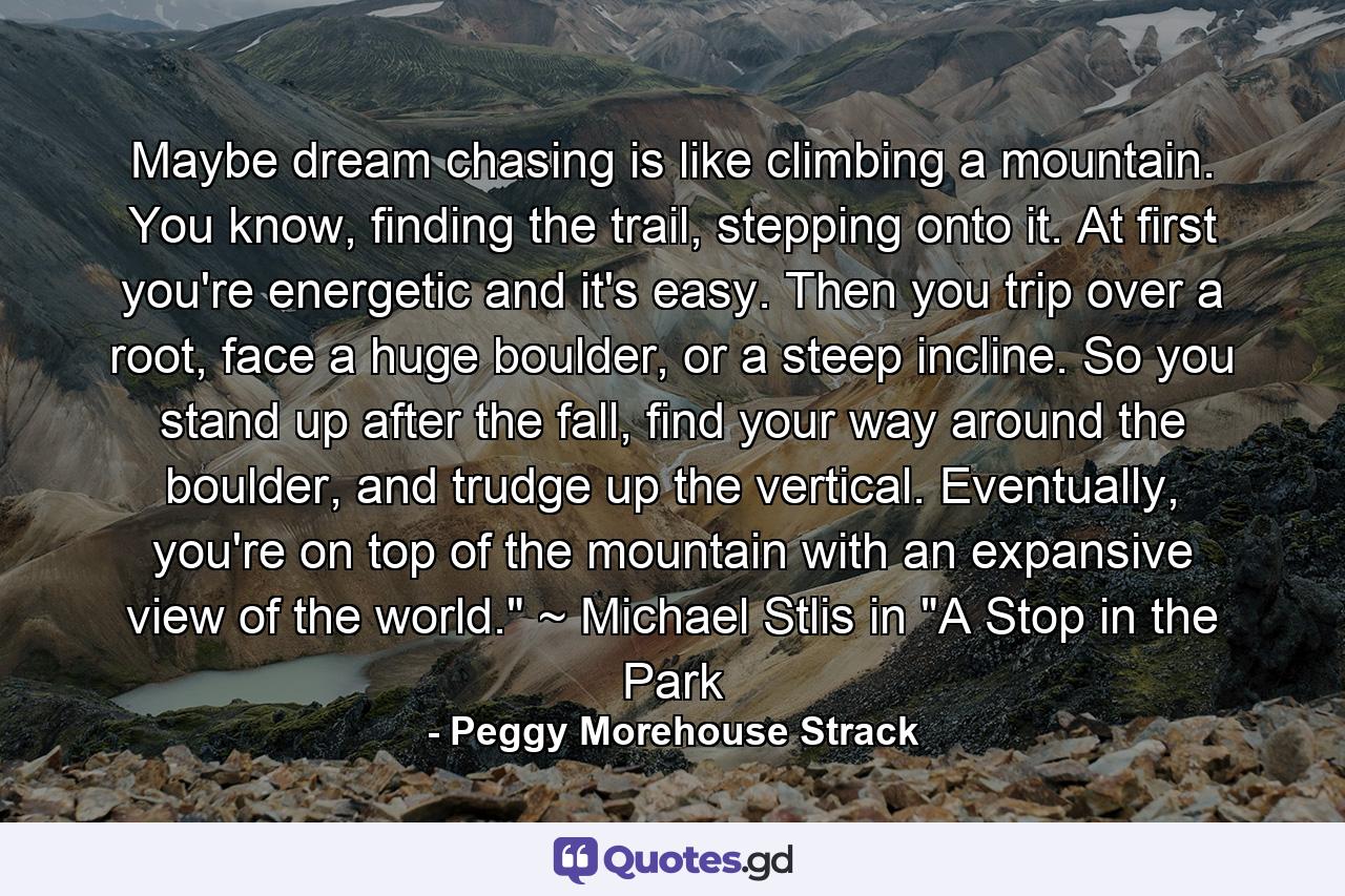 Maybe dream chasing is like climbing a mountain. You know, finding the trail, stepping onto it. At first you're energetic and it's easy. Then you trip over a root, face a huge boulder, or a steep incline. So you stand up after the fall, find your way around the boulder, and trudge up the vertical. Eventually, you're on top of the mountain with an expansive view of the world.