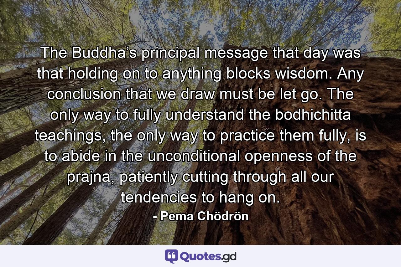 The Buddha’s principal message that day was that holding on to anything blocks wisdom. Any conclusion that we draw must be let go. The only way to fully understand the bodhichitta teachings, the only way to practice them fully, is to abide in the unconditional openness of the prajna, patiently cutting through all our tendencies to hang on. - Quote by Pema Chödrön