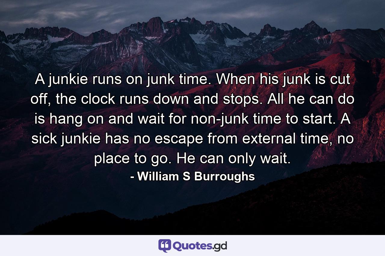 A junkie runs on junk time. When his junk is cut off, the clock runs down and stops. All he can do is hang on and wait for non-junk time to start. A sick junkie has no escape from external time, no place to go. He can only wait. - Quote by William S Burroughs