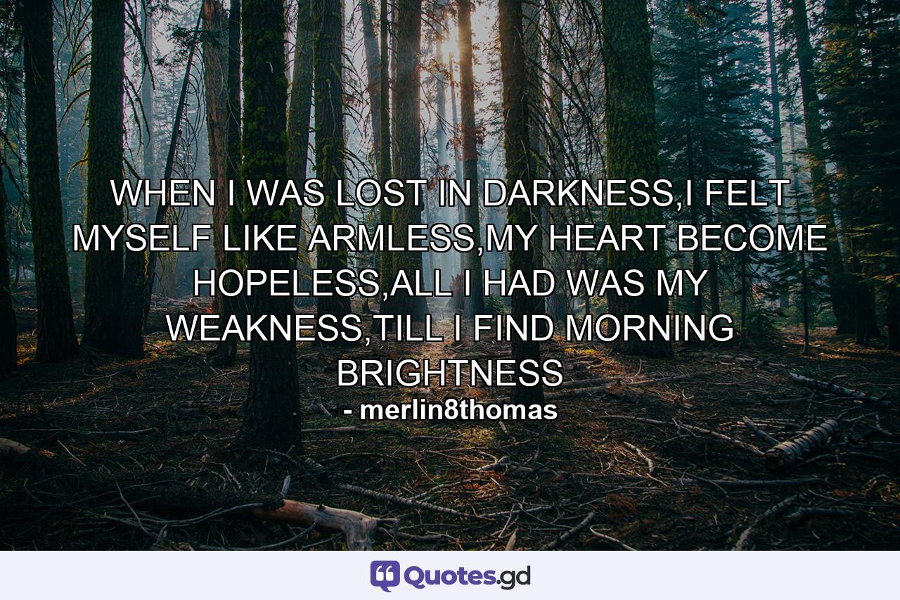 WHEN I WAS LOST IN DARKNESS,I FELT MYSELF LIKE ARMLESS,MY HEART BECOME HOPELESS,ALL I HAD WAS MY WEAKNESS,TILL I FIND MORNING BRIGHTNESS - Quote by merlin8thomas